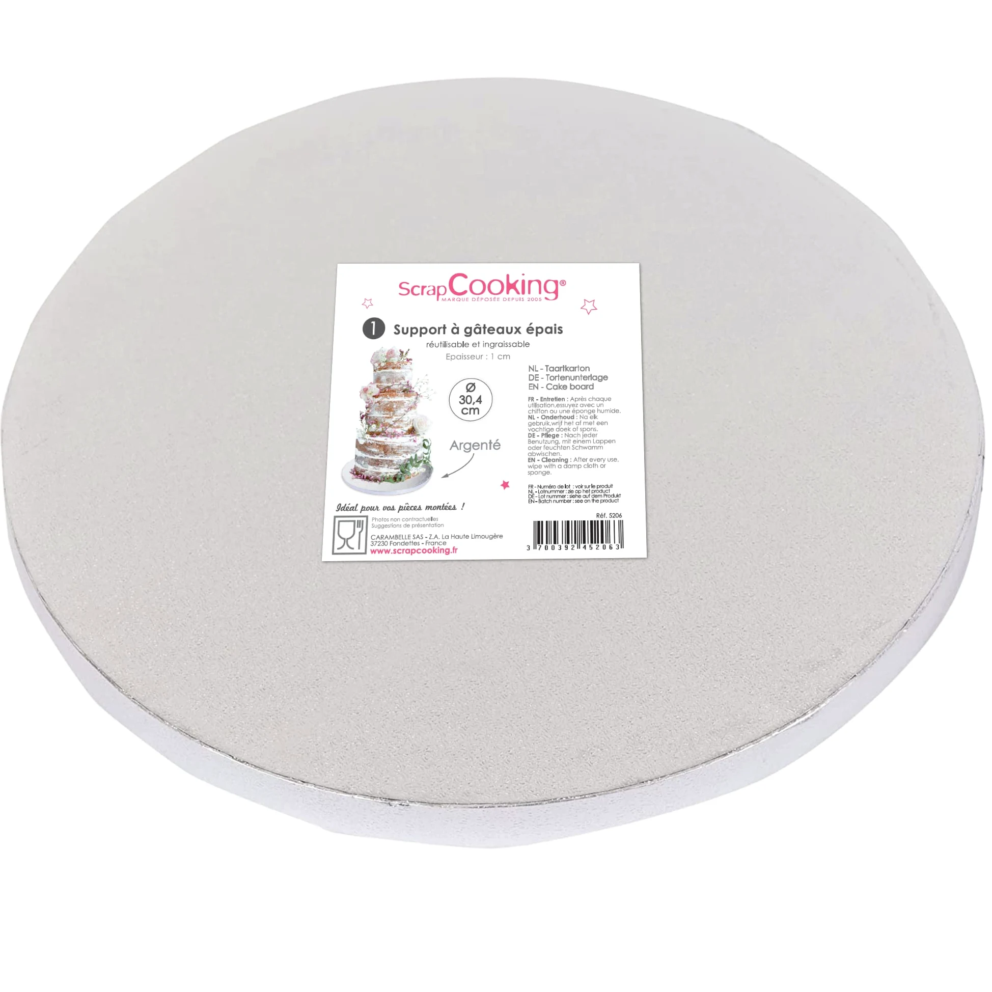 ScrapCooking Gruby okrągły stojak na ciasto, średnica 30 cm, kolor srebrny, blat wielokrotnego użytku, tarcza z deską, twarde ciasta, wyprodukowano we Francji, 5206