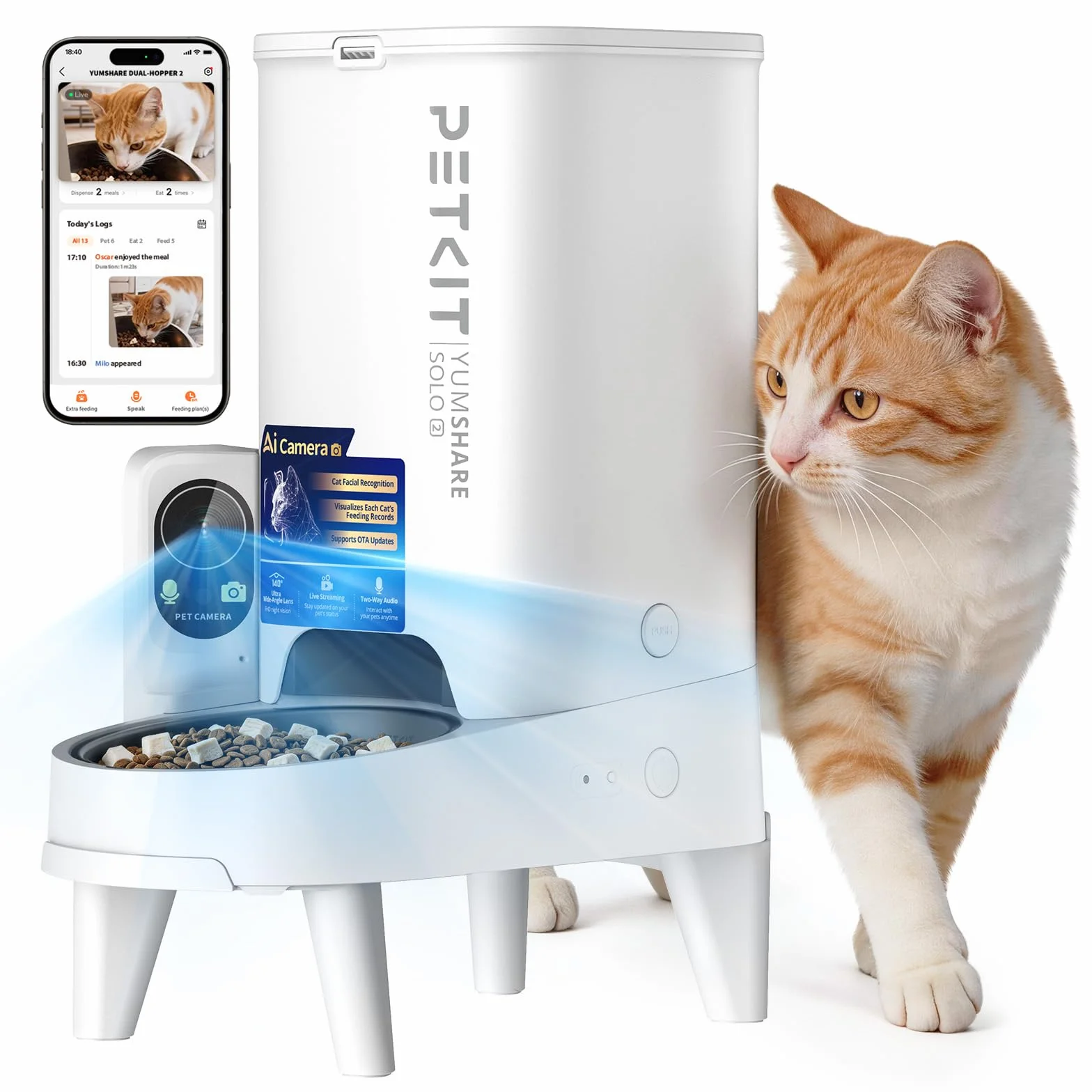 PETKIT Automatyczny Dozownik Karmy dla Kota z Kamerą AI, 3L, 1080P HD, WiFi 2.4G/5GHz, Miska ze Stali Nierdzewnej