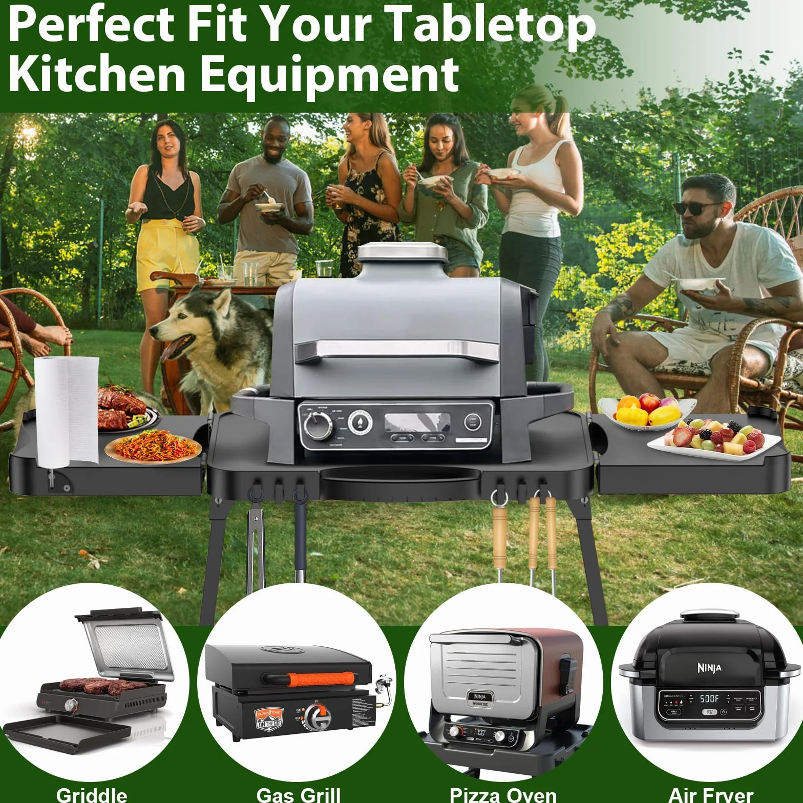 GFTIME Uniwersalny przenośny grill na kółkach Enders Urban, Weber Q100/Q200/Q300, Ninja Woodfire, Burnhard Wayne – składany stojak do grilla na świeżym powietrzu z dużą powierzchnią roboczą i nóżkami