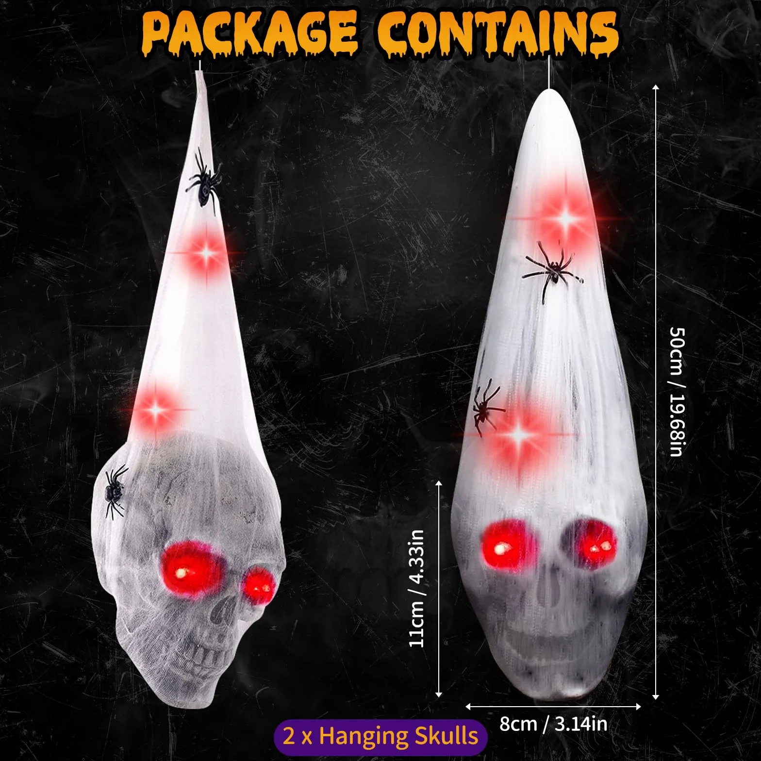 2 dekoracje do zawieszenia na Halloween, czaszka na świeżym powietrzu z 2 pająkami, dekoracja na Halloween, czerwone oko, trupia czaszka, oświetlenie czerwonych oczu