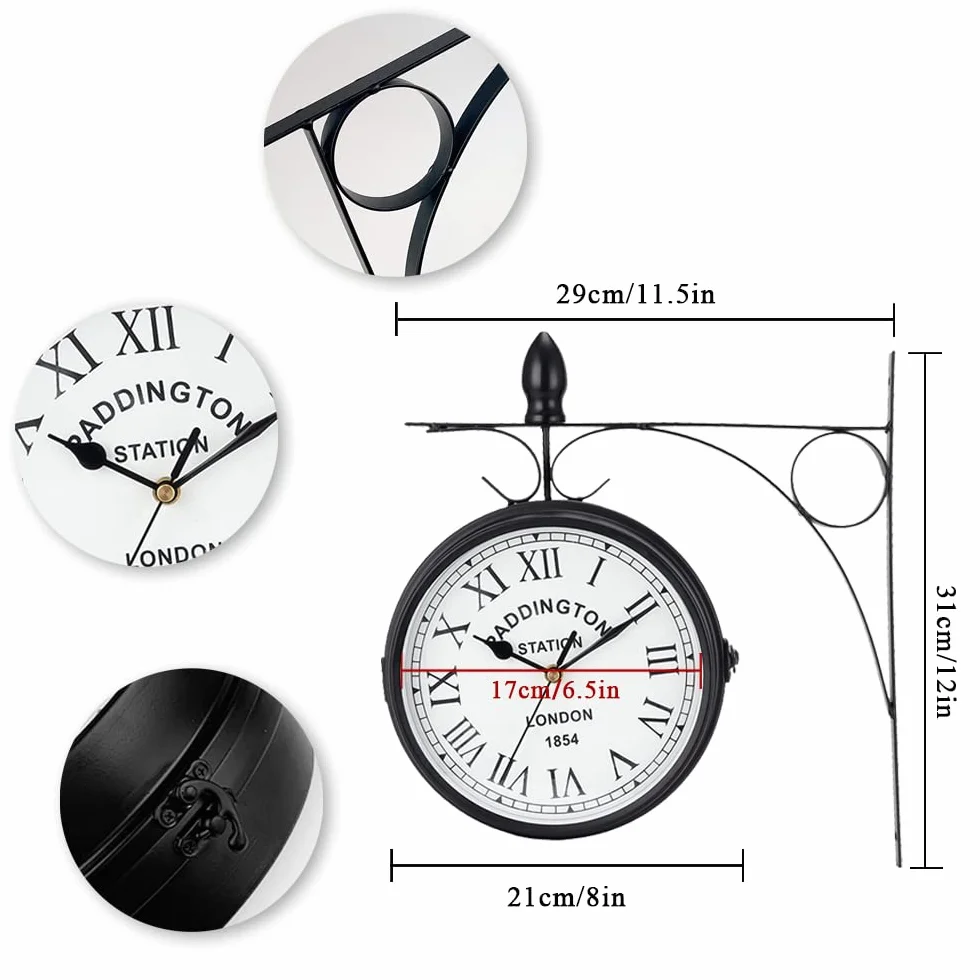 JHY DESIGN Dwustronny zegar 21 cm, metalowy zegar dworcowy, wodoszczelny, wiszący zegar w stylu retro, okrągły zegar dekoracyjny z uchwytem ściennym do pokoju, domu, na zewnątrz