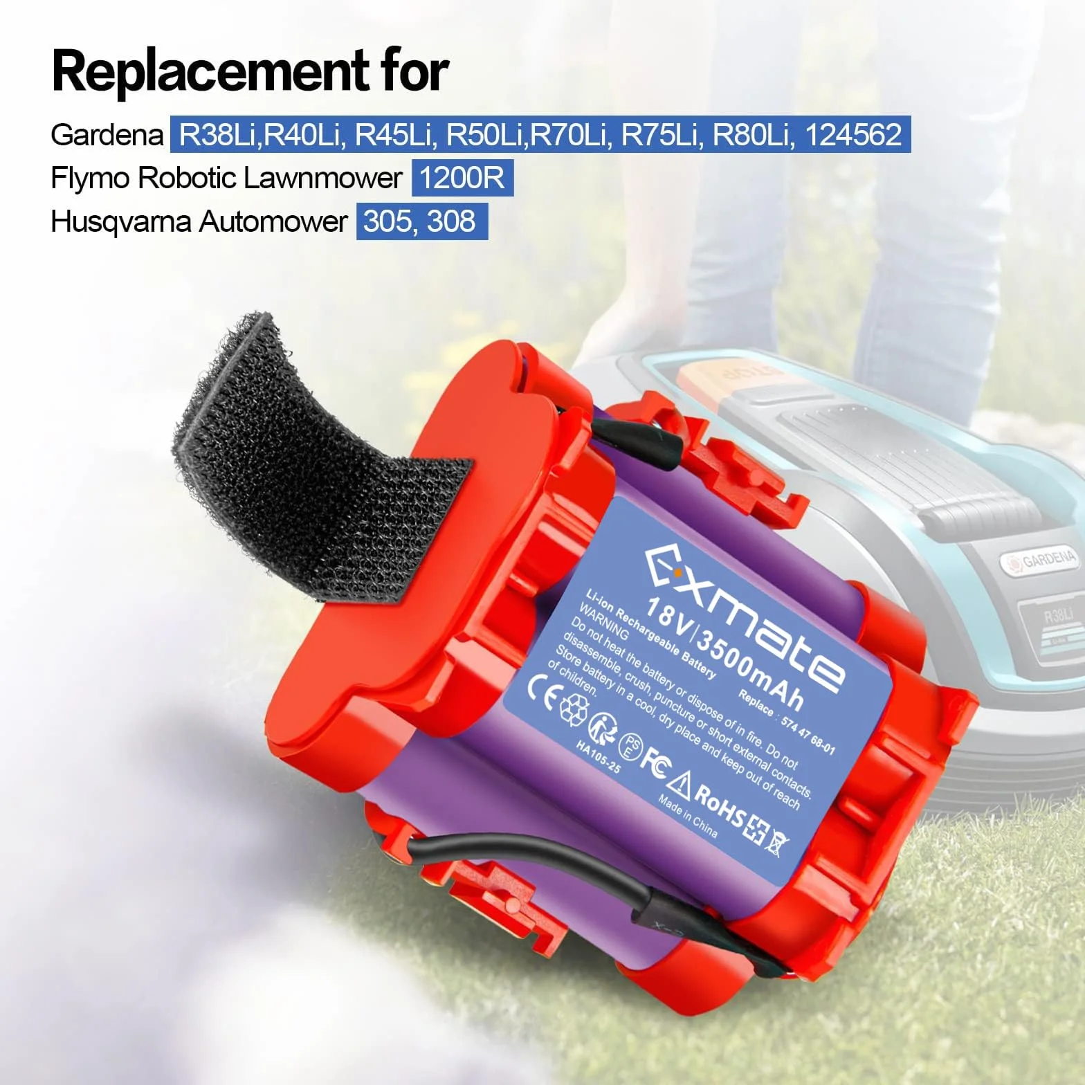 Exmate Akumulator litowy 18 V, 3500 mAh, kompatybilny z robotyczną kosiarką Gardena R38Li, R40Li, R45Li, R50Li, R70Li, R75Li, R80Li, 124562, Flymo 1200R, Husqvarna Automower 105, 305 308 308X
