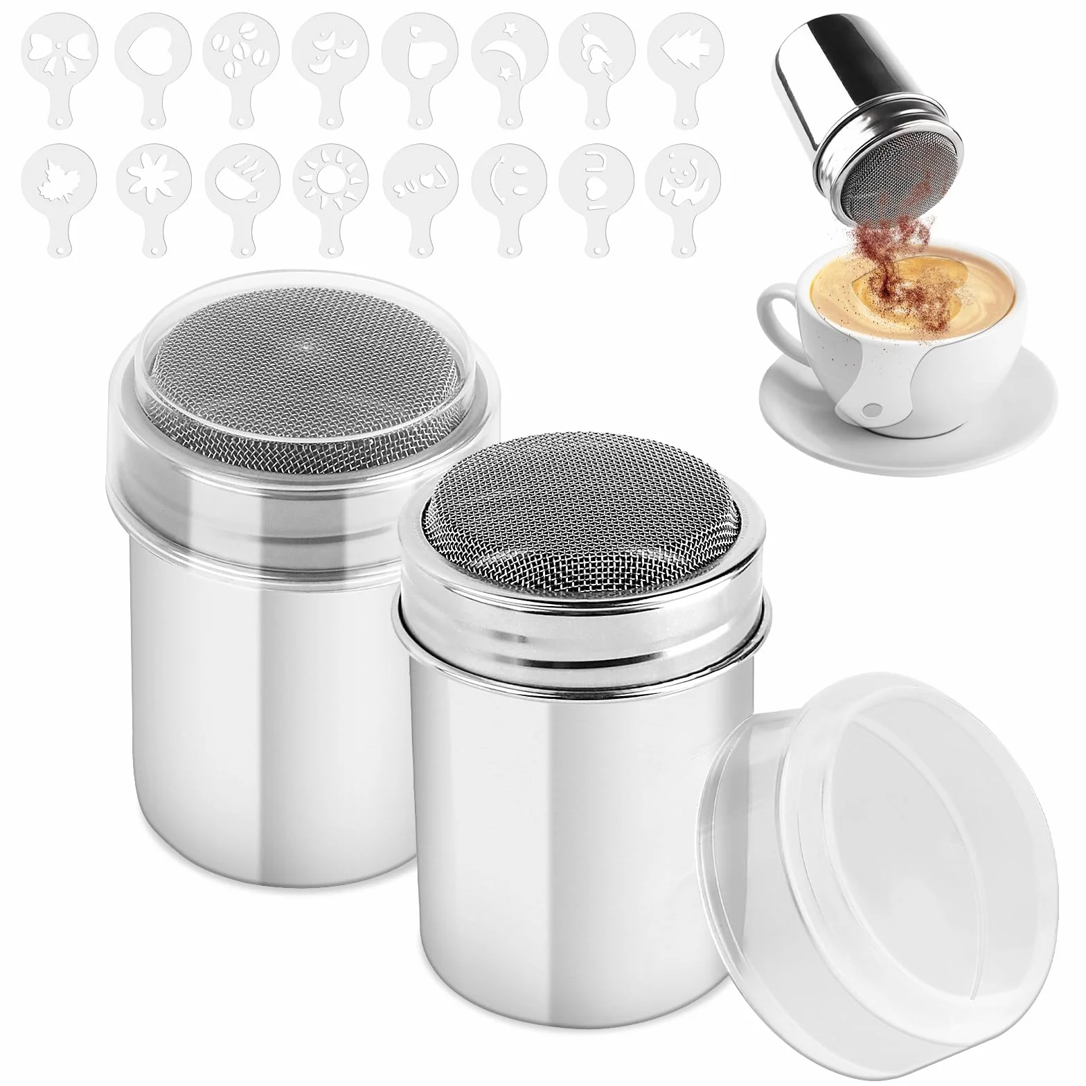 2 szt. Shaker do proszku ze stali nierdzewnej - Shaker z siatki do kakao, kawy, cappuccino - z pokrywką na czekoladę, rozpraszacz do cukru