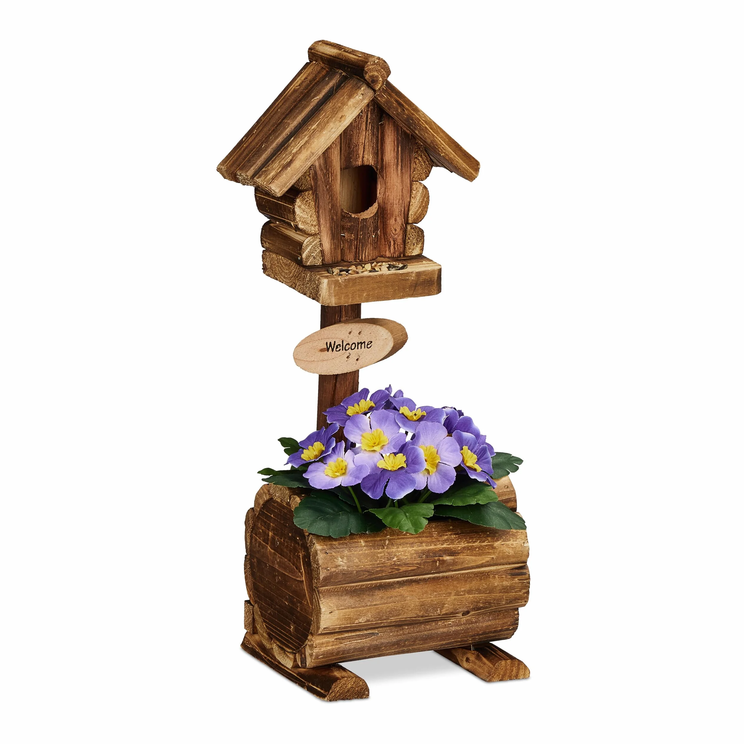 Relaxdays Dekoracyjny domek dla ptaków z doniczką, drewno jodłowe, rustykalny design, wys. x szer. x gł.: 41 x 15 x 15 cm, domek dekoracyjny, naturalny