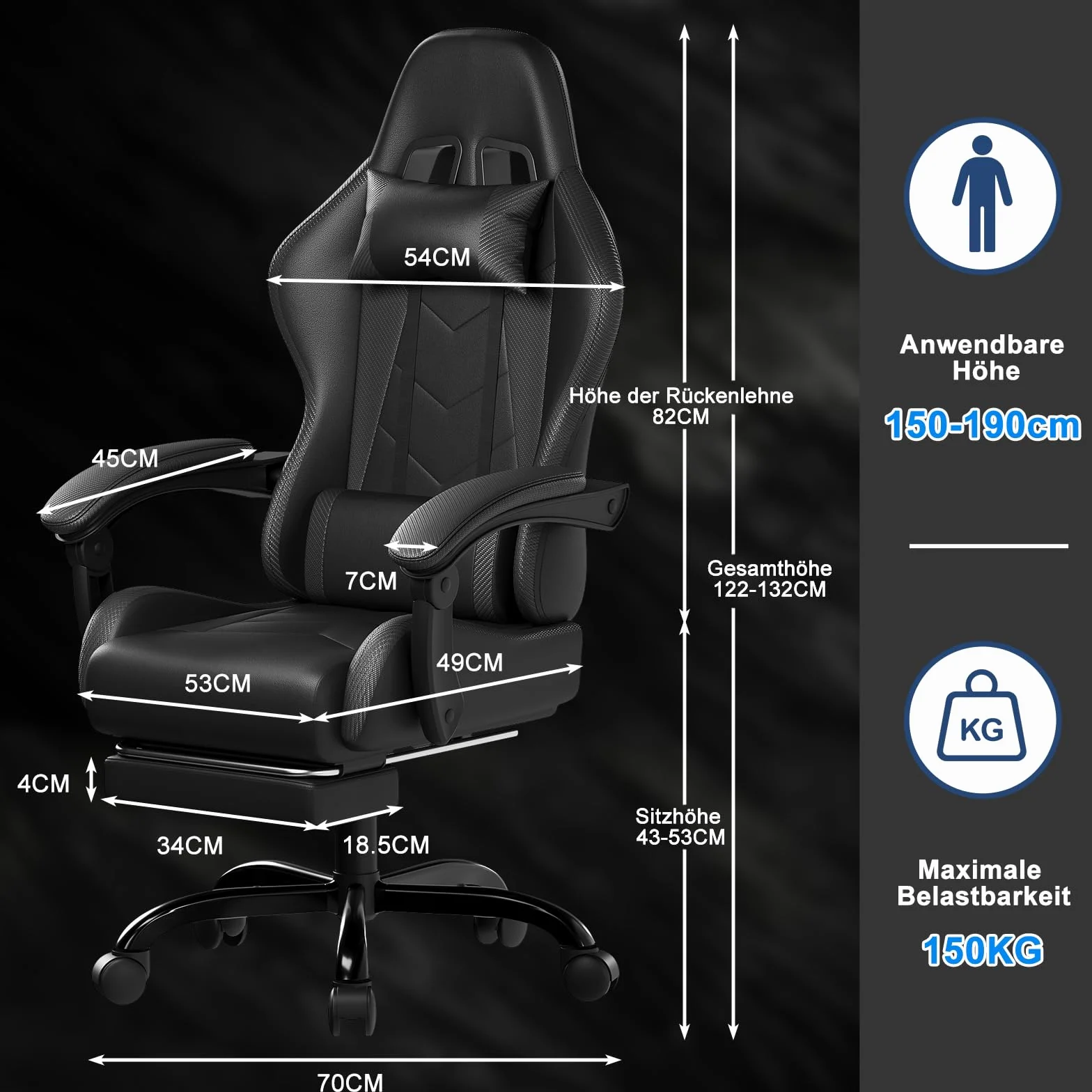 Devoko Fotel gamingowy, krzesło biurowe，Biurowe Krzesło Komputerowe z Podnóżkiem, Krzesło Gamingowe Wytrzymałe do 150kg, Oparcie Regulowane 90-135°, Ergonomiczne Krzesło PC, Obrotowe o 360°, Czarny