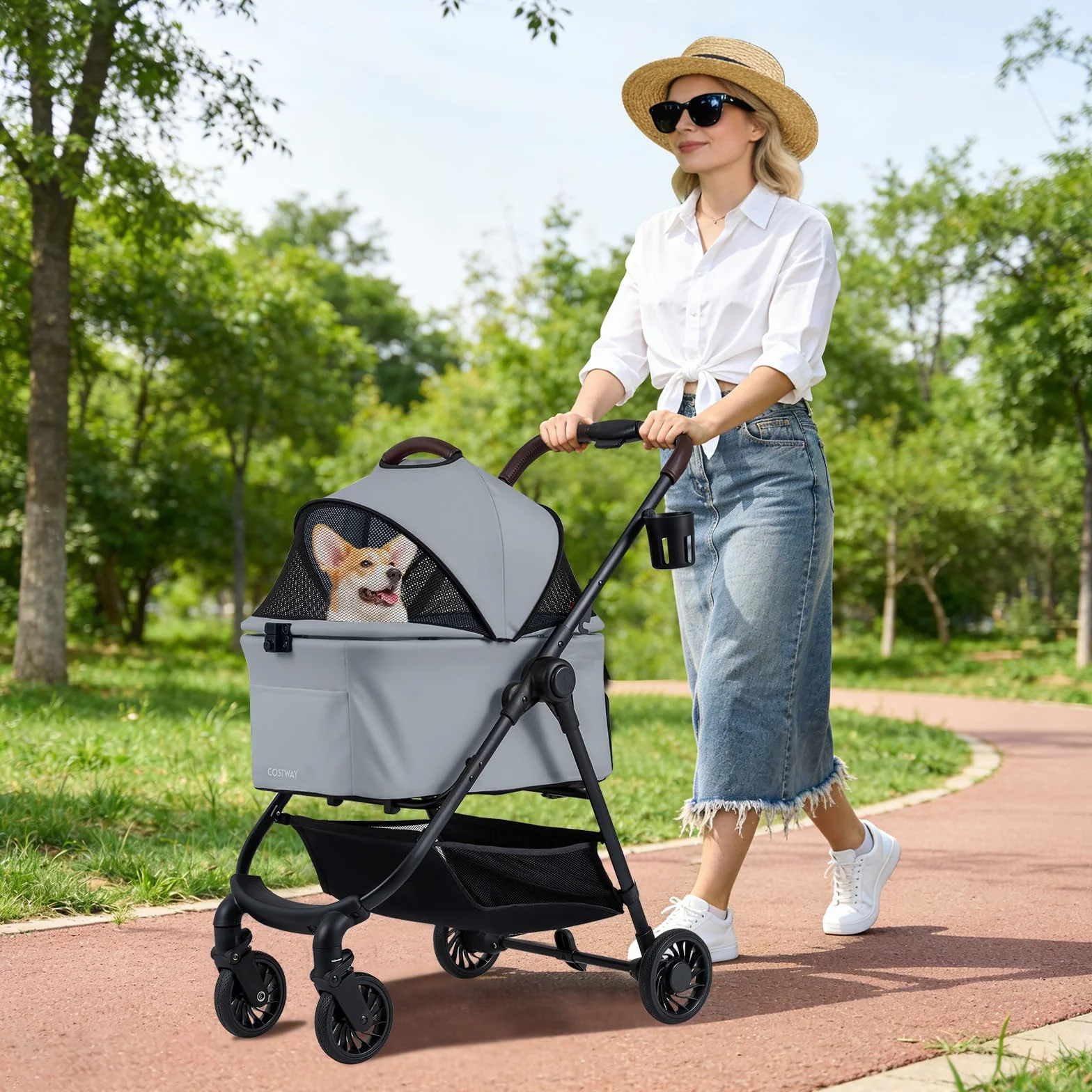 COSTWAY Wózek dla psów 3 w 1, składany, do 15 kg, z regulowanym dachem siatkowym