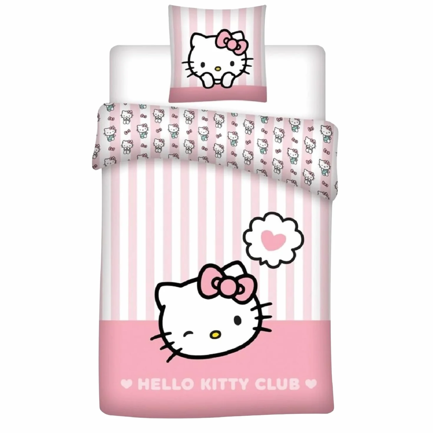 Hello Kitty Club Komplet pościeli, poszewka na poduszkę 80 x 80 cm z dwustronnym motywem, poszewka na kołdrę 135 x 200 cm, z zamkiem błyskawicznym, 100%