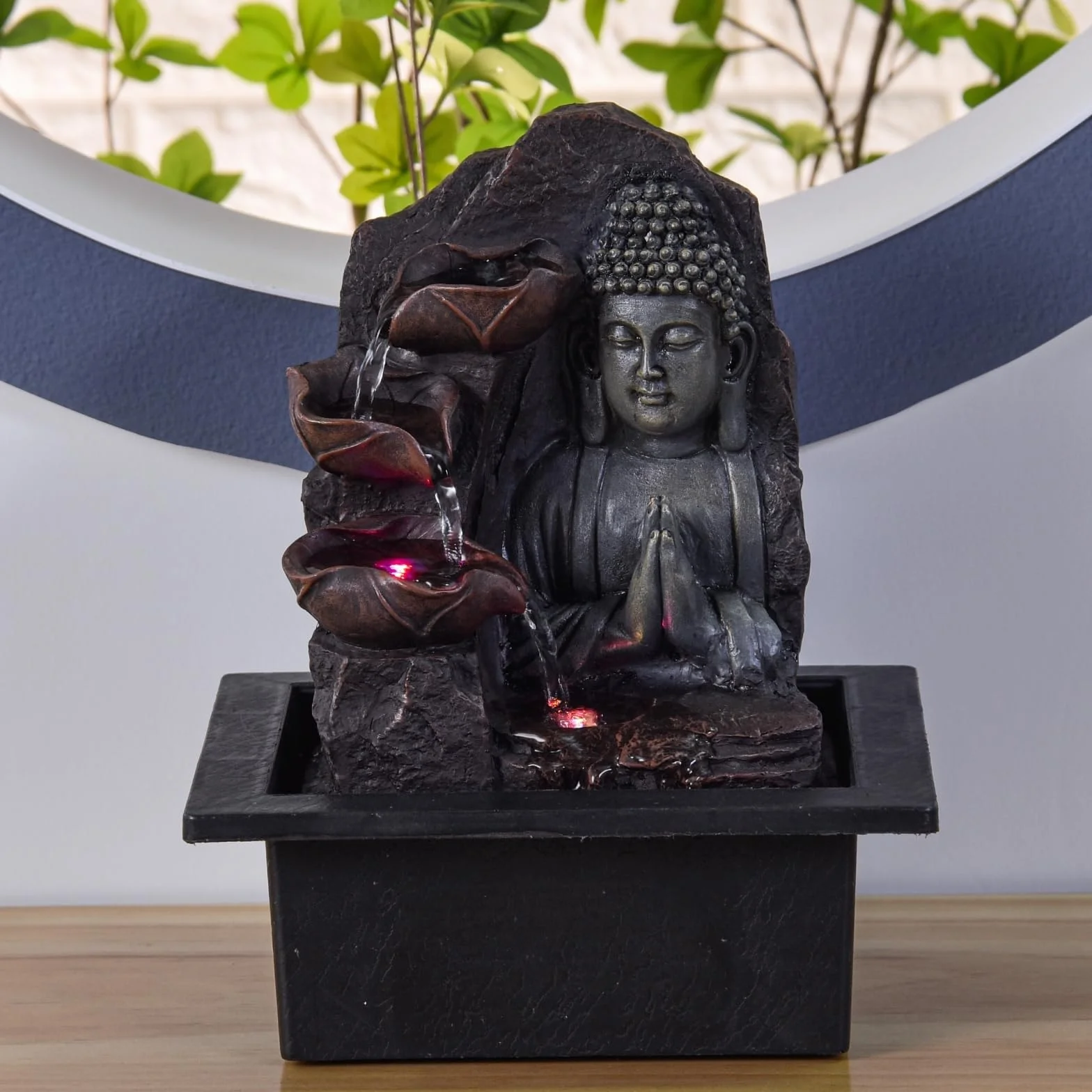 Fontanna wewnętrzna Wodospad Budda Lotos Kolorowe światło LED, dekoracja wnętrz Feng Shui, pomysł na prezent Zen Mind, z dostarczoną cichą pompą, duchowość Zen'Light, 21 x 21 x 26 cm