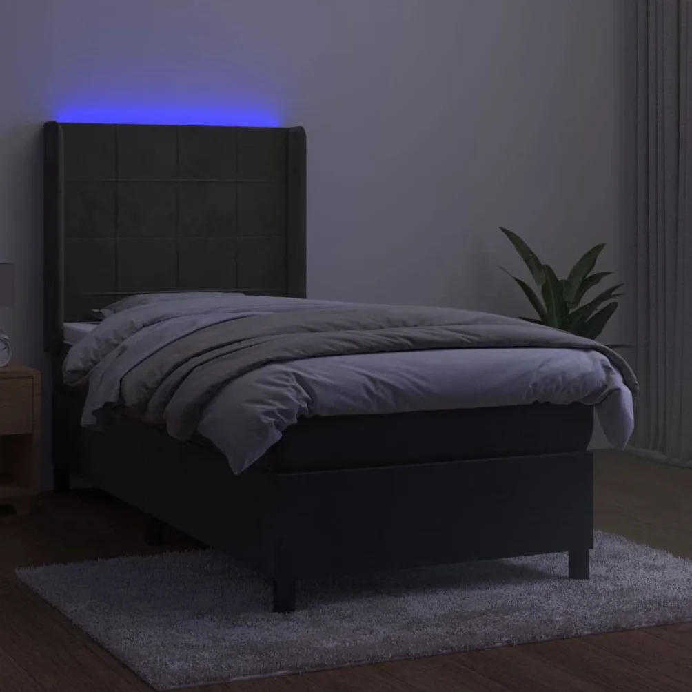aksamitne LED regulowany zagłówek 100x200 cm szary | Łóżko kontynentalne szary aksamit 100x200cm z materacem sprężynowym i LED do sypialni