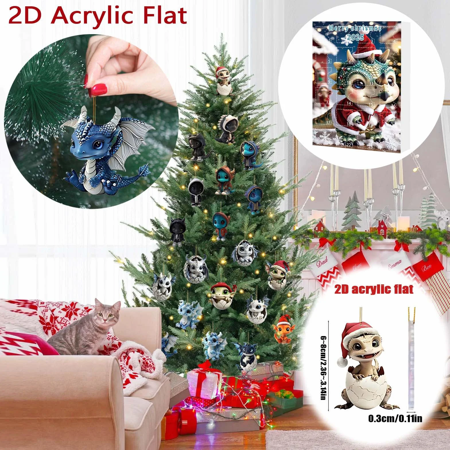 Kalendarz adwentowy 2025, 2D Dragon Ornament Adwent, kalendarze adwentowe z motywem zwierząt, kalendarz na choinkę, dekoracje świąteczne do domu