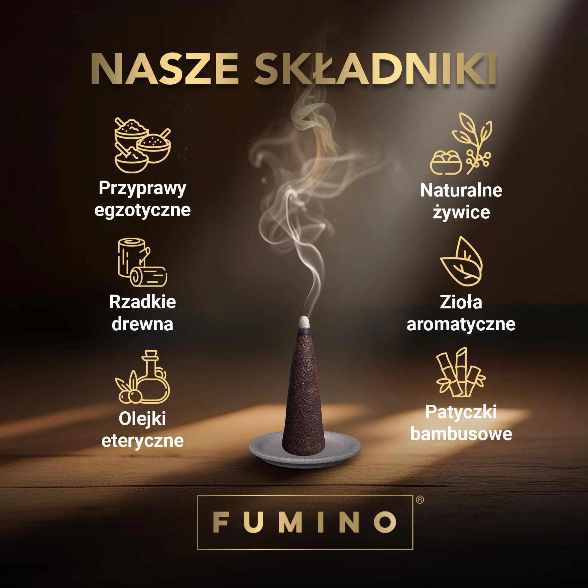 Fumino® Zapach Klasycznego drzewa sandałowego – świeże kadzidełka stożkowe, 15 sztuk w opakowaniu, Masala Agarbatti Joss, zapach do relaksu i medytacji, dekoracja domu