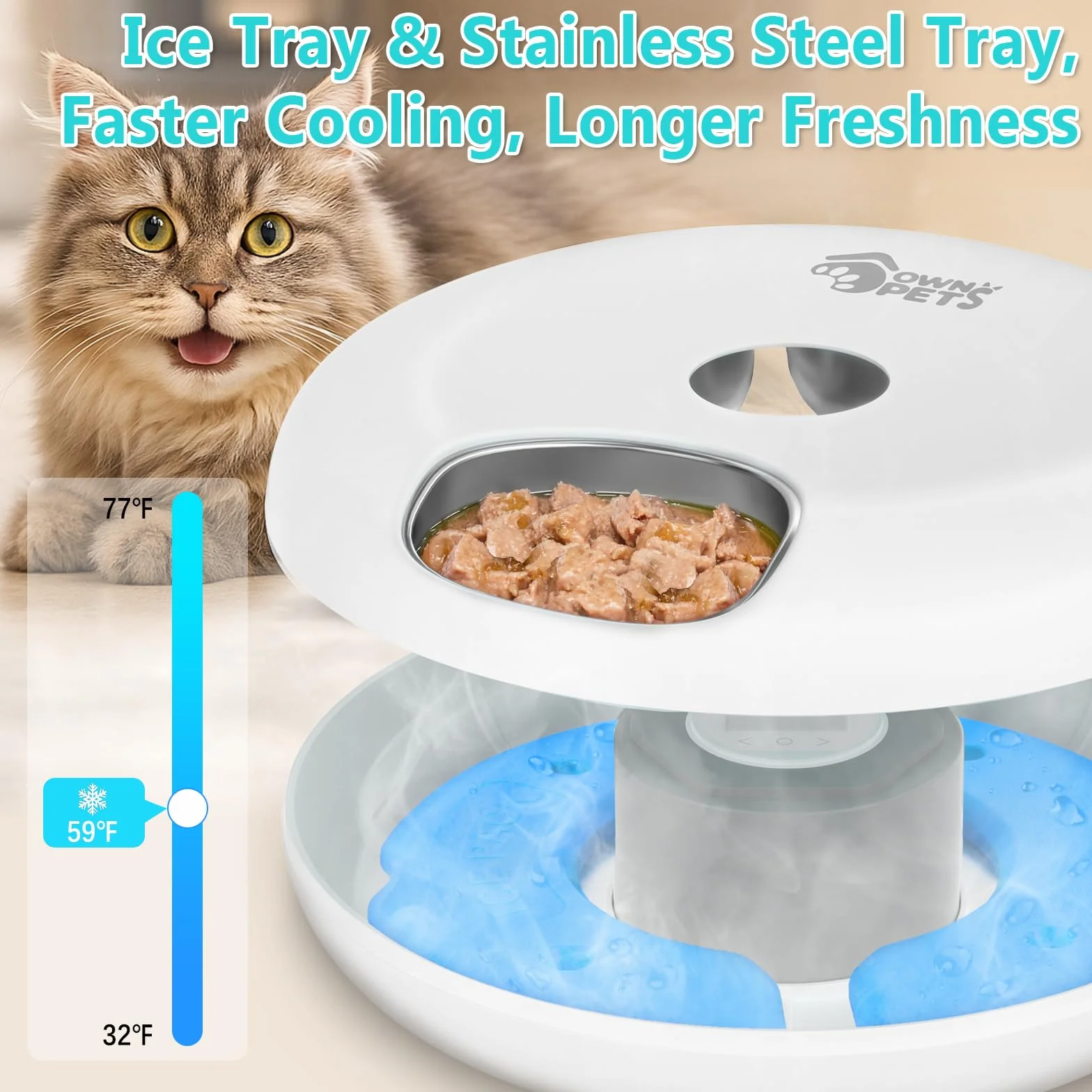 Ownpets Automatyczny podajnik z licznikiem dla zwierząt domowych na mokrą karmę, automatyczny dozownik z zasilaniem bateryjnym i USB, dwa opaski chłodzące, stalowa tacka na jedzenie 6 posiłków (każdy