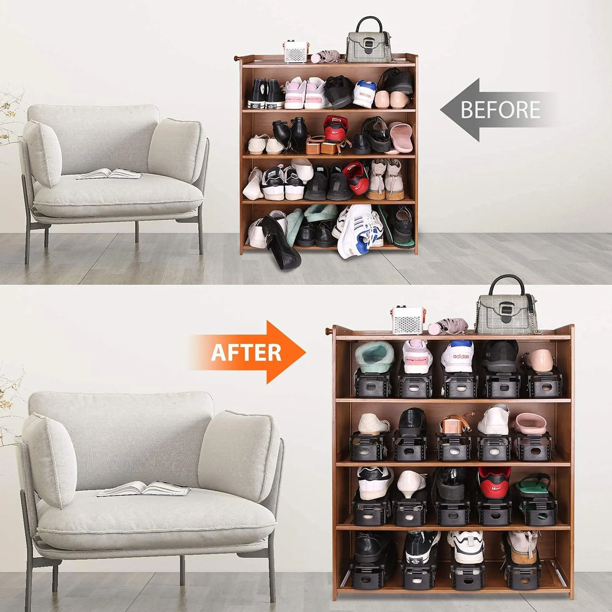 20 sztuk uchwytów na buty, oszczędzający miejsce, regulowany organizer na buty, regulowany organizer na buty, oszczędność miejsca, antypoślizgowy uchwyt na buty, trwały plastikowy uchwyt na