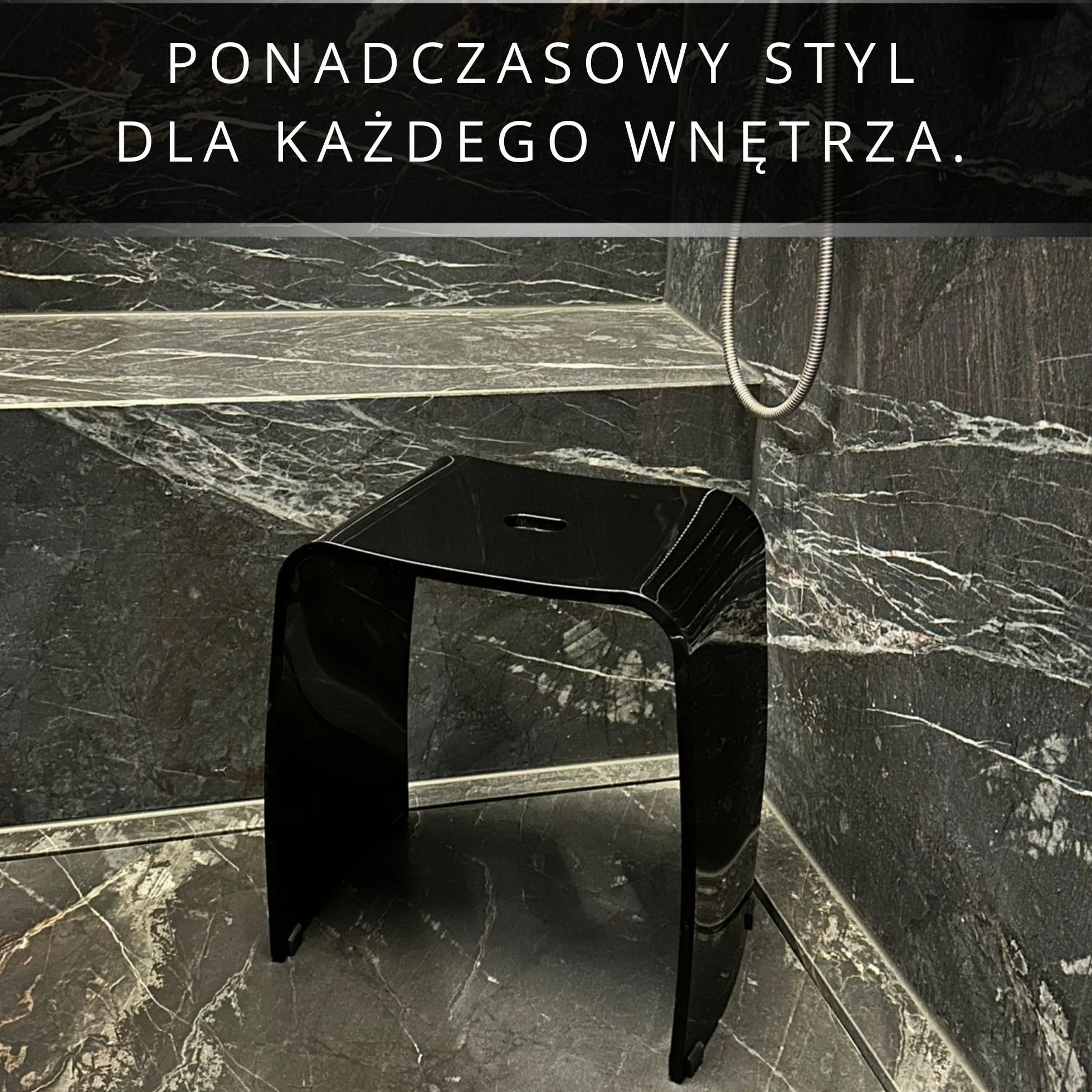 Stołek Łazienkowy Meran – Taboret Pod Prysznic z Akrylu z Uchwytem, Ergonomicznym Siedziskiem, Antypoślizgowymi Gumowymi Nóżkami i Ponadczasowym Designem (do 180 kg) (Czarny)