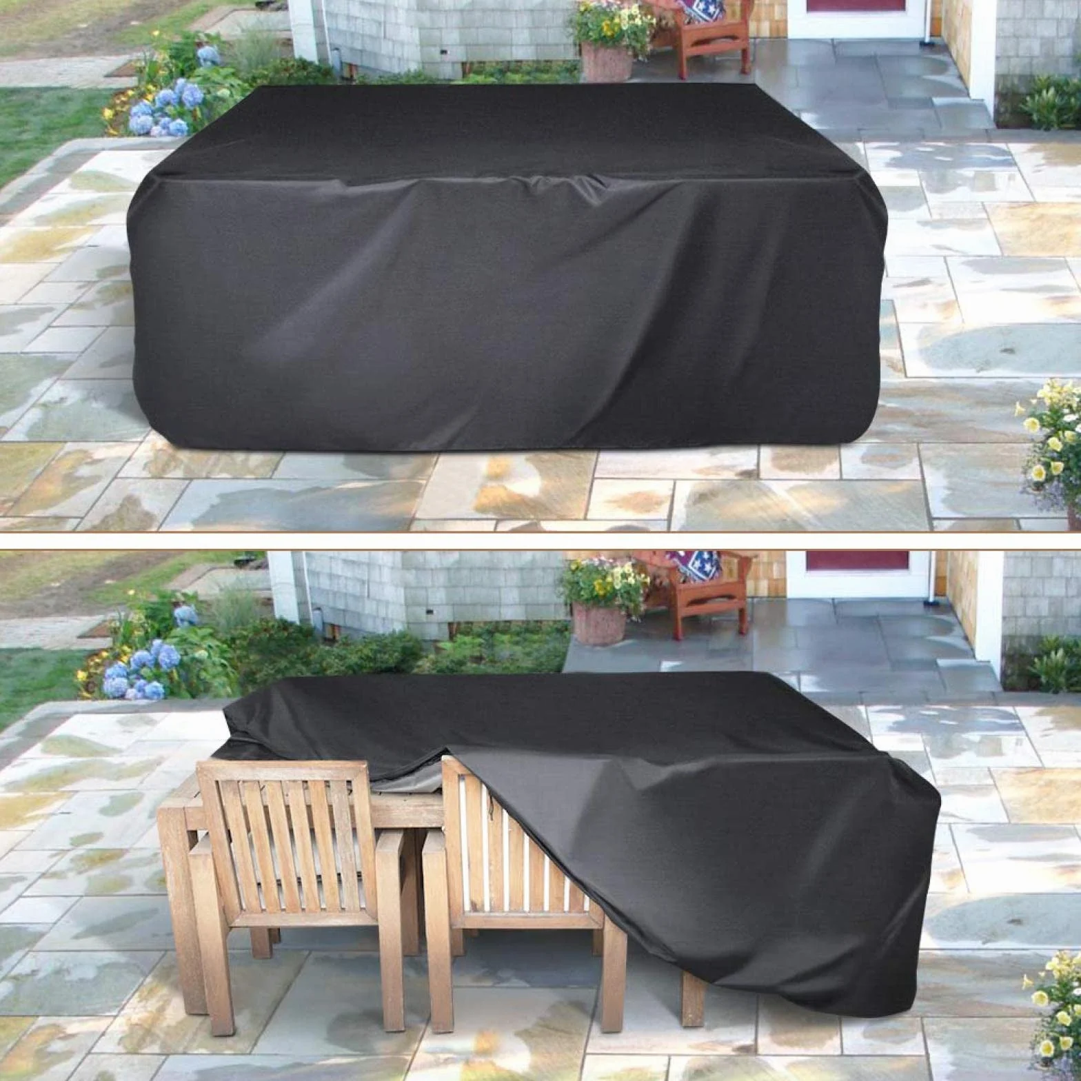 Pokrowce na meble ogrodowe, 180 x 90 x 75 cm, czarne, ulepszone, odporne na promieniowanie UV, pyłoszczelne, wodoodporne, 420D, wytrzymały pokrowiec na stół z 4 wiatroszczelnymi klamrami,