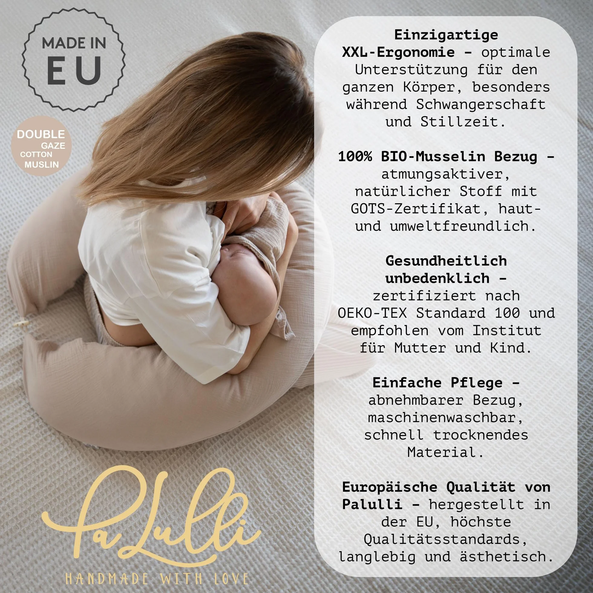 PaLulli® Ergonomiczna poduszka do karmienia XXL 190 x 30 cm, z poszewką z bawełny bio-muślinowej – idealna poduszka dla kobiet w ciąży i do spania na boku, komfort i wsparcie dla dorosłych i matek