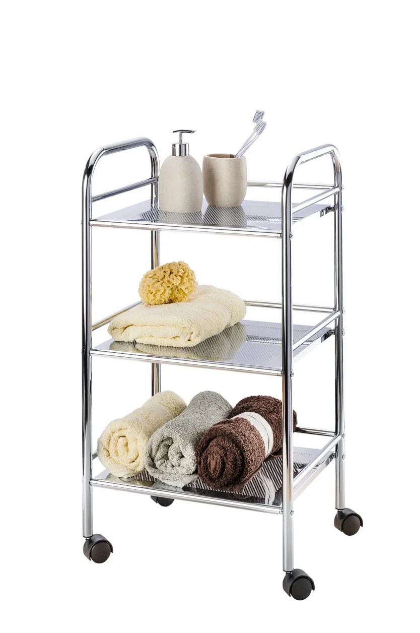 WENKO 12285100 Ekskluzywny wózek do użytku domowego i łazienkowego – mobilny stojak łazienkowy, 3 półki, stal, 41 x 75 x 32 cm, chrom