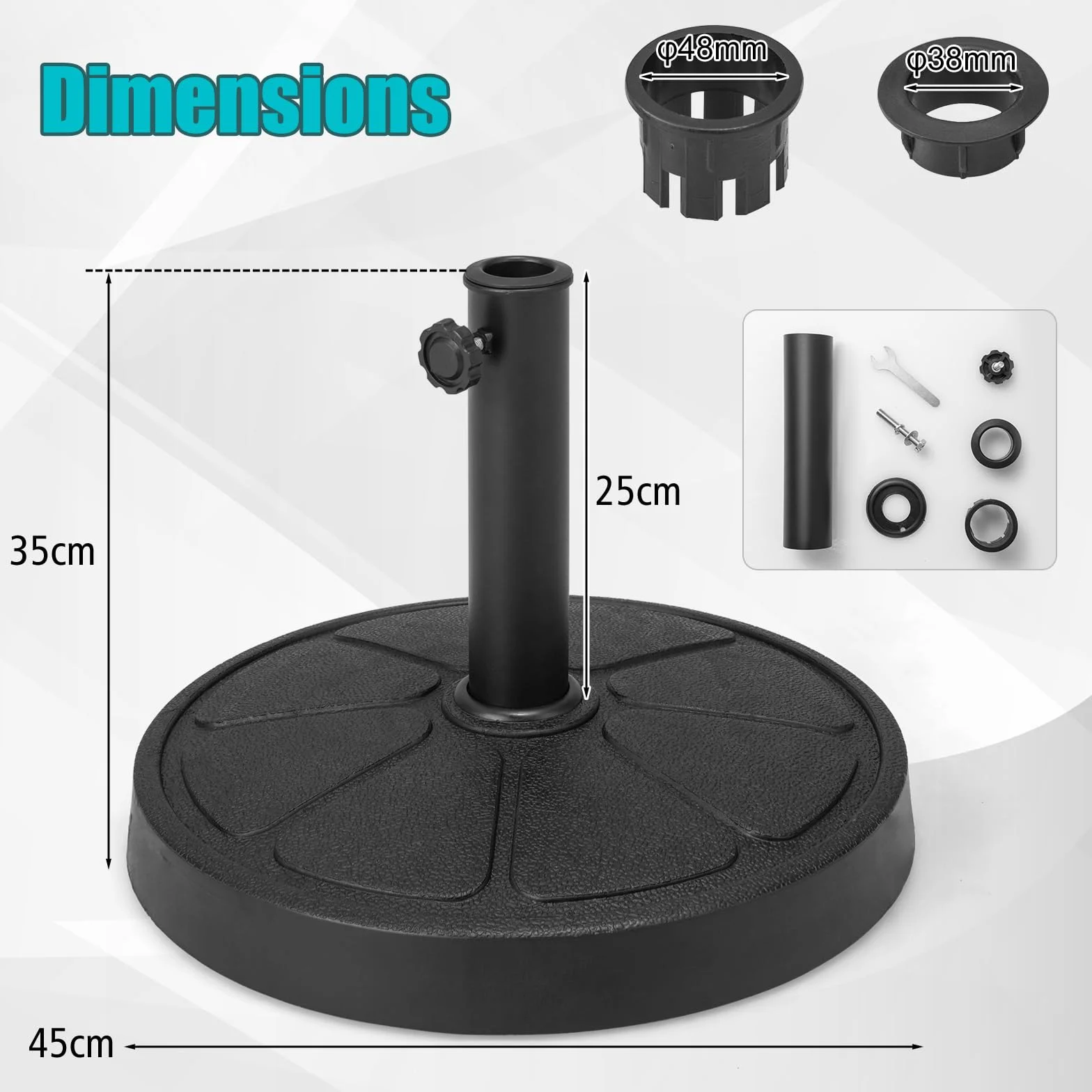 KOMFOTTEU Podstawa parasola z żywicy Φ38/48 mm, uchwyt na parasol ogrodowy na zewnątrz 14/19 kg, stojak na parasol przeciwsłoneczny do ogrodu, na taras, balkon (Φ45 x 35 cm, 14 kg)
