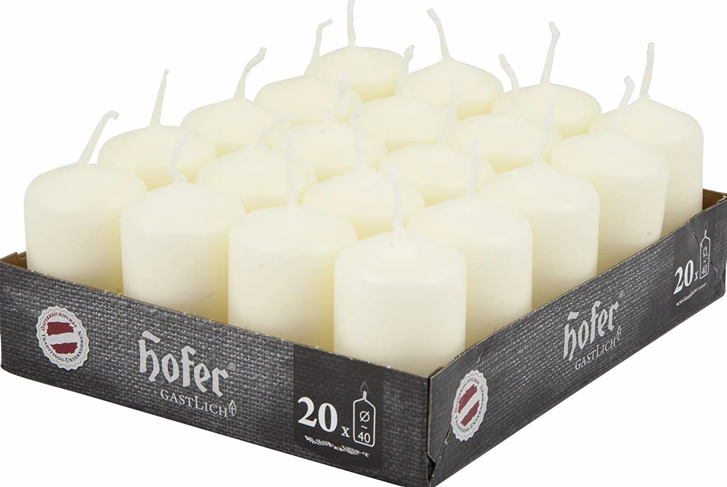 Hofer Świece filarowe w kolorze kości słoniowej, zestaw 20 dekoracyjnych małych świec, 4 x 7 cm, palenie przez 11 godzin, bezzapachowe, bez kapania, bezdymne, jakość RAL