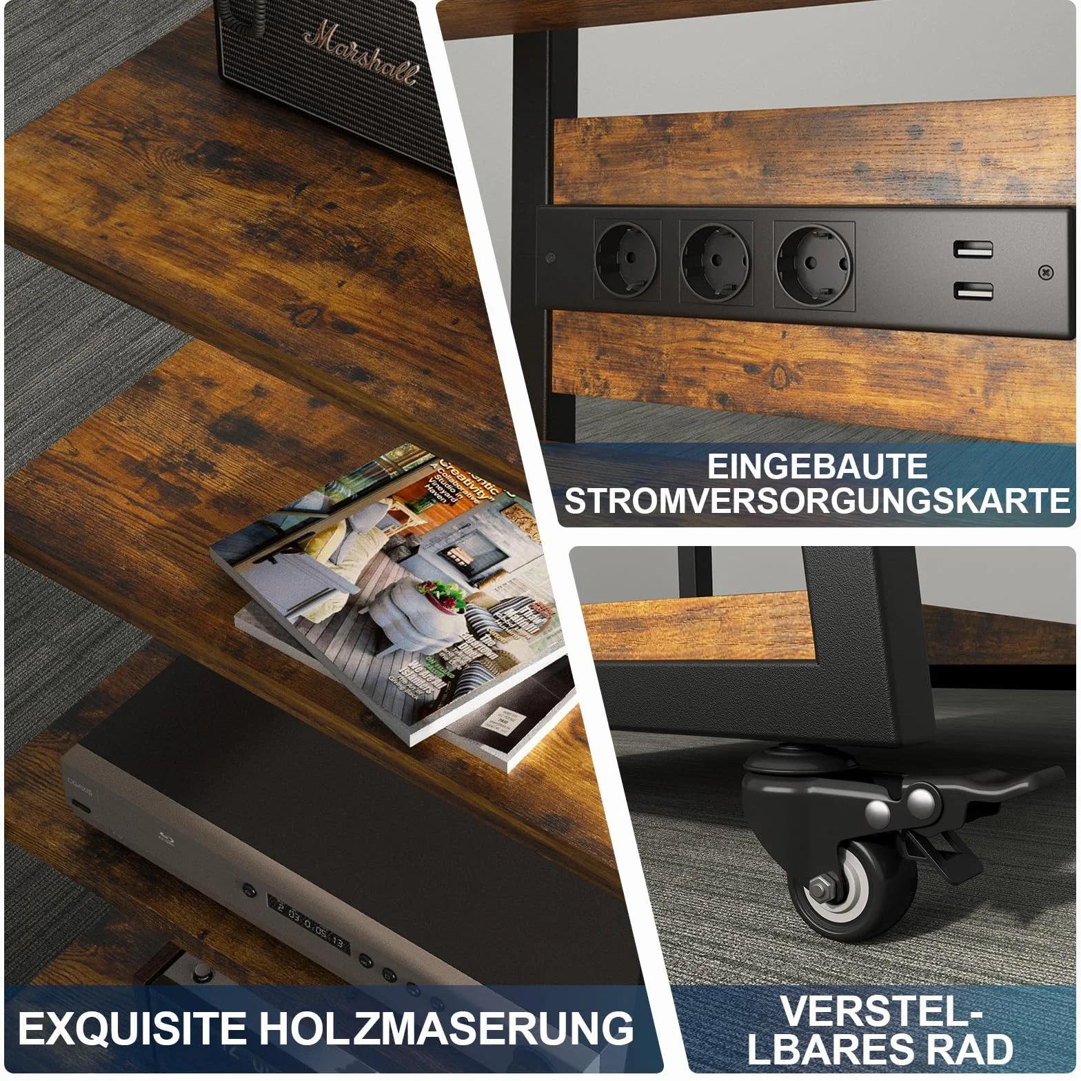 4-poziomowy stojak HiFi | z listwami zasilającymi i regulowaną półką | 4 obrotowe kółka i 2 lampy LED (sterowanie APP) | 60 x 51 x 85 cm stół na gramofon stojak na media regał HiFi z drewna i stali