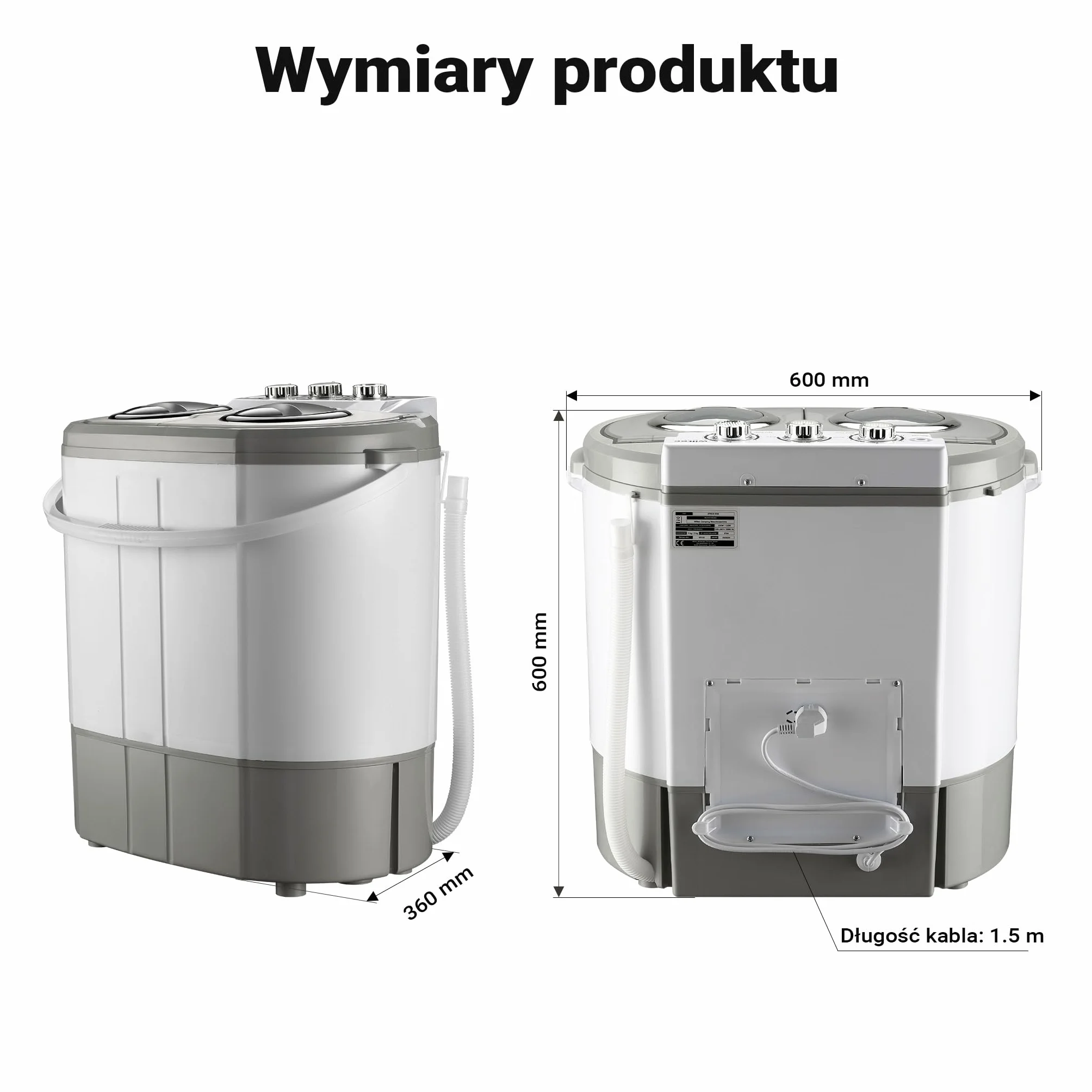 Wiltec Pralka turystyczna wirnikowa 60 x 36 x 60 cm, mini pralka przenośna do 3 kg prania, pralko-wirówka z dwoma bębnami