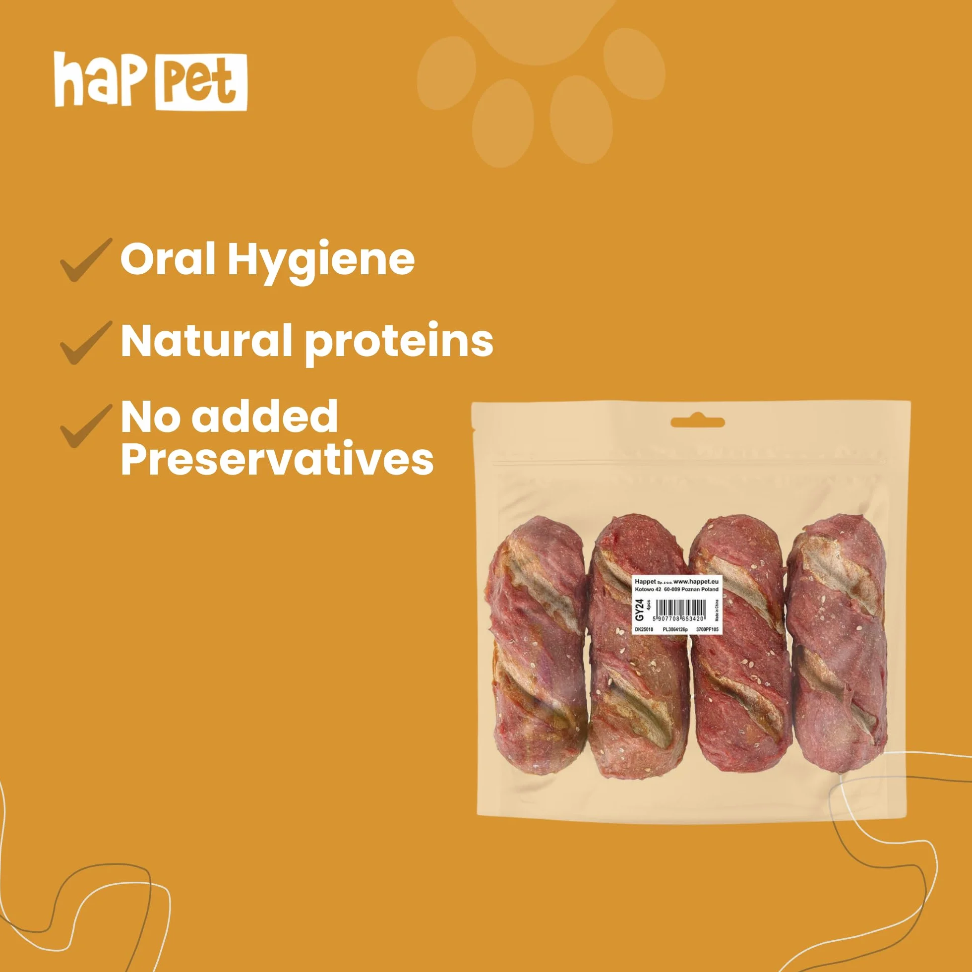 HAPPET® Bagietka z jagnięciną dla psa – 4 sztuki – naturalne przysmaki z mięsem jagnięcym i surową skórą – lekkostrawne piekarnicze przekąski
