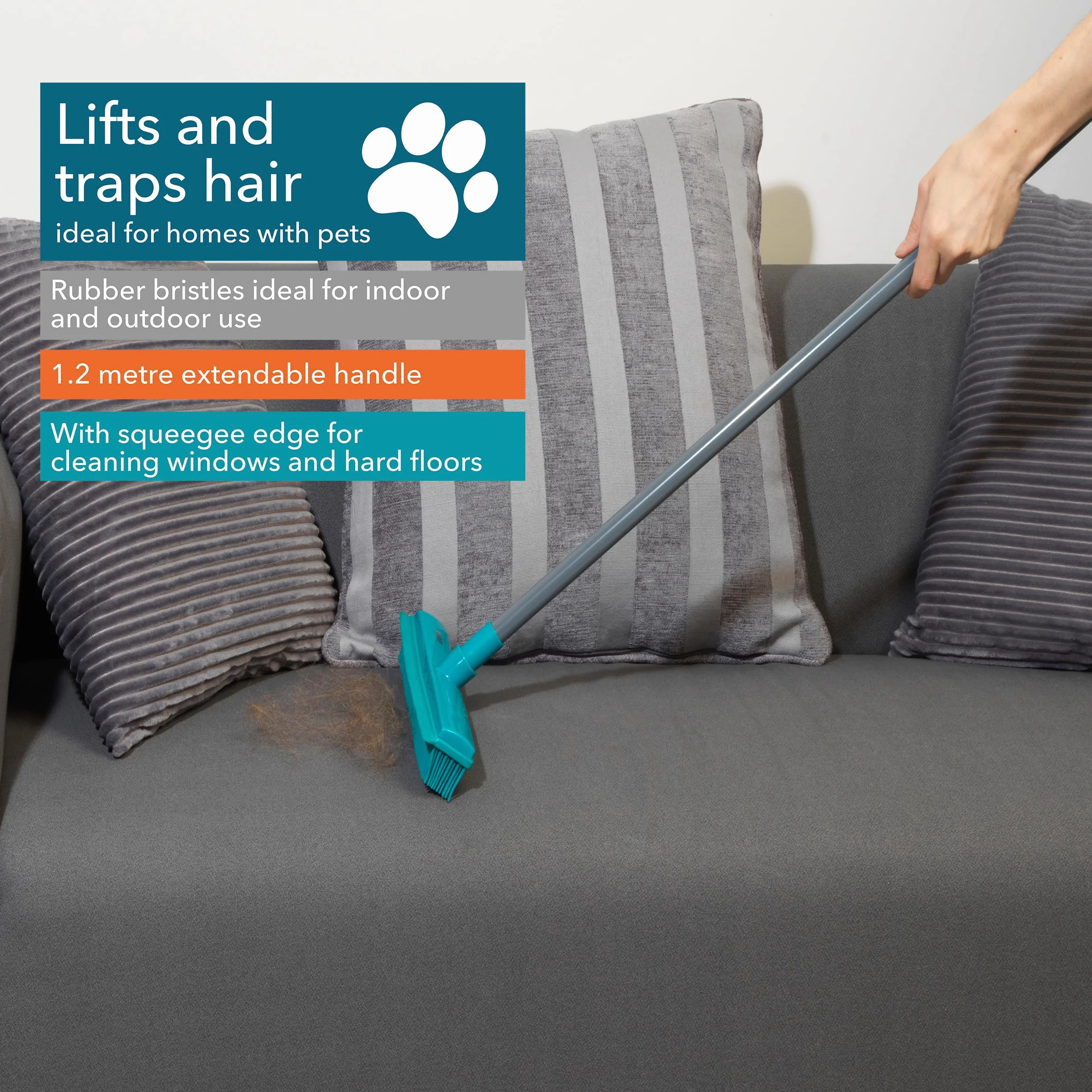 Beldray LA024350TQ Pet Plus+ 2 In 1 Lift & Trap Dual Rubber Head Brush with Squeegee Edge, Ideal for Hard Floors, Windows, Pet Hair & Dust, Non-Scratch, Outdoor/Indoor Bro