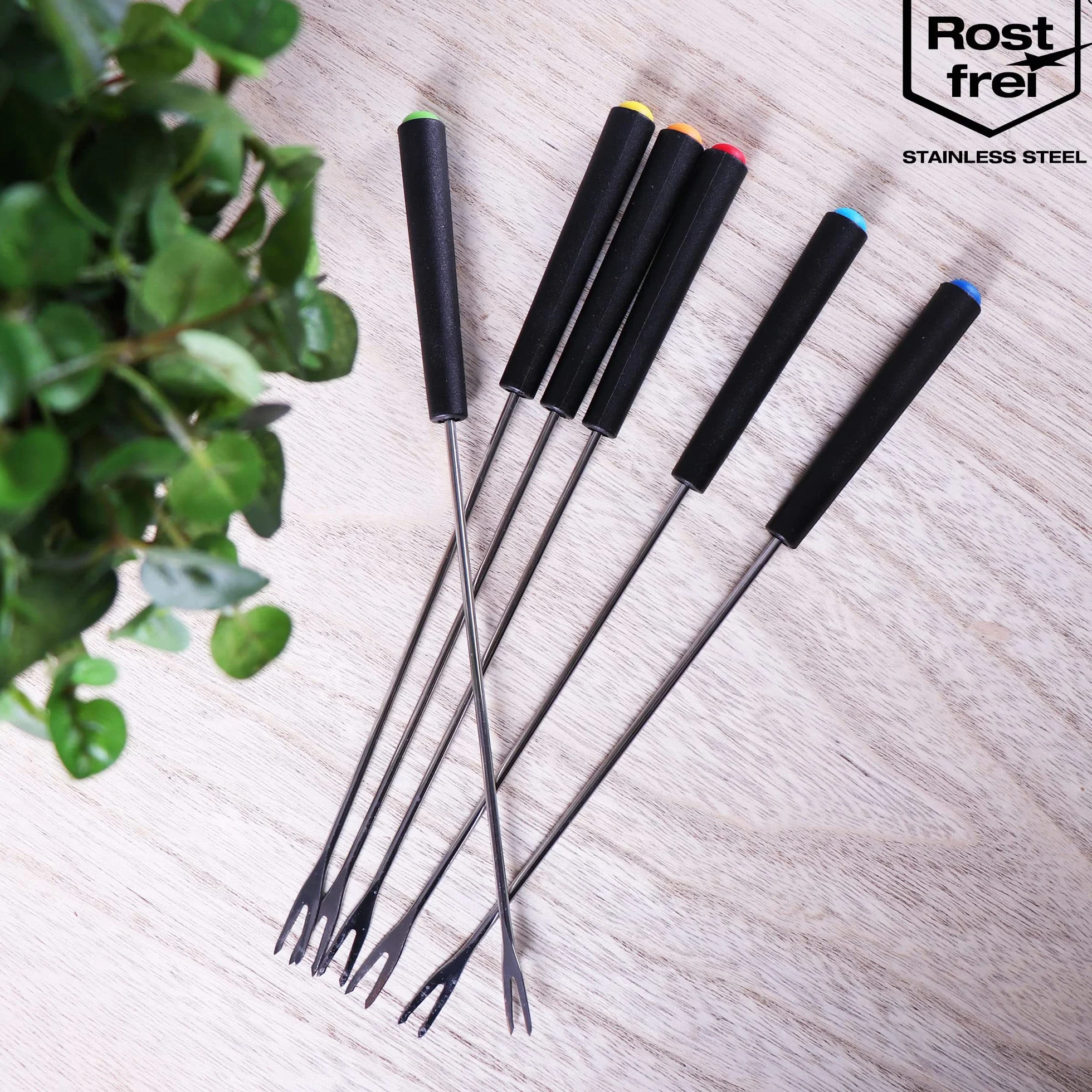 COM-FOUR® 12x Widelce do fondue ze stali nierdzewnej - 6 kolorów sztućce do fondue - metalowe szaszłyki do fondue z tworzywa sztucznego (12 sztuk - plastikowy uchwyt)