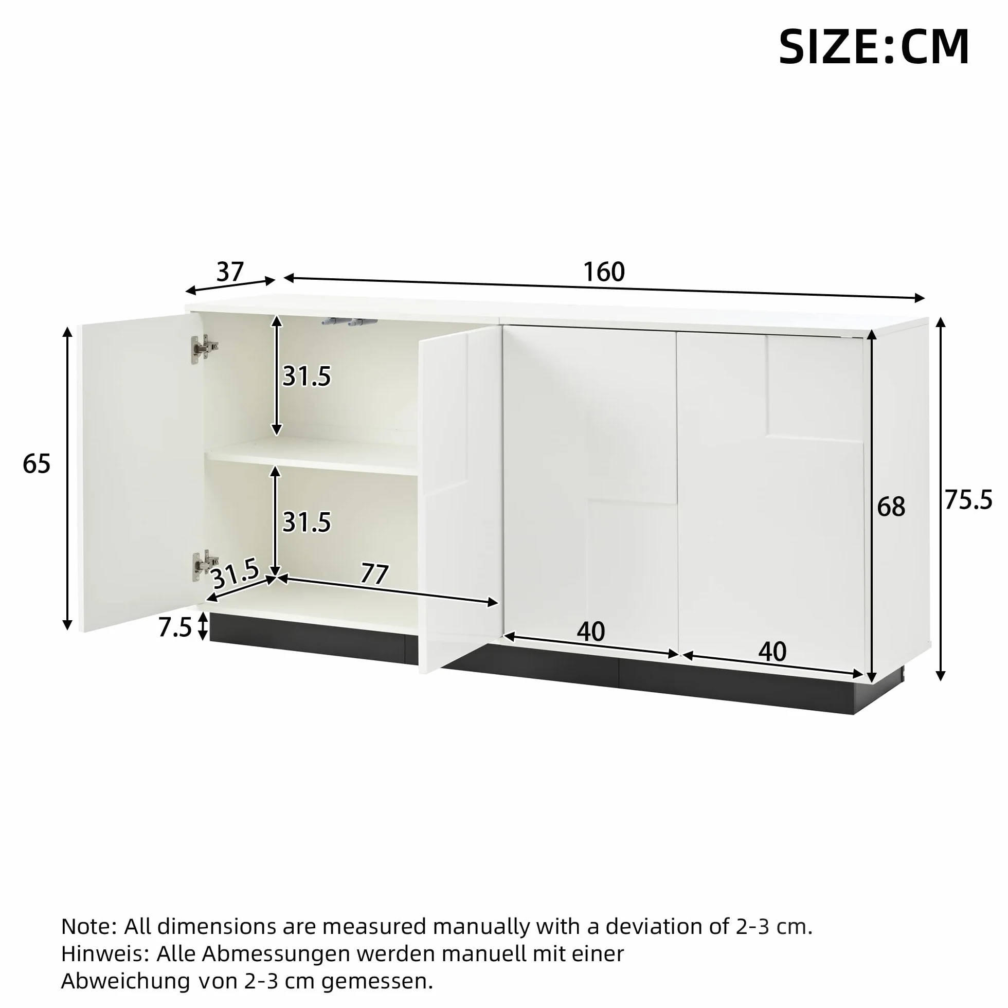 Szafka do salonu, 160 x 37 x 75,5 cm, z 4 drzwiami. Szafka pod wysoki połysk, szafka pod umywalkę o geometrycznym kształcie, duża przestrzeń do przechowywania, schemat kolorów w kolorze białym i
