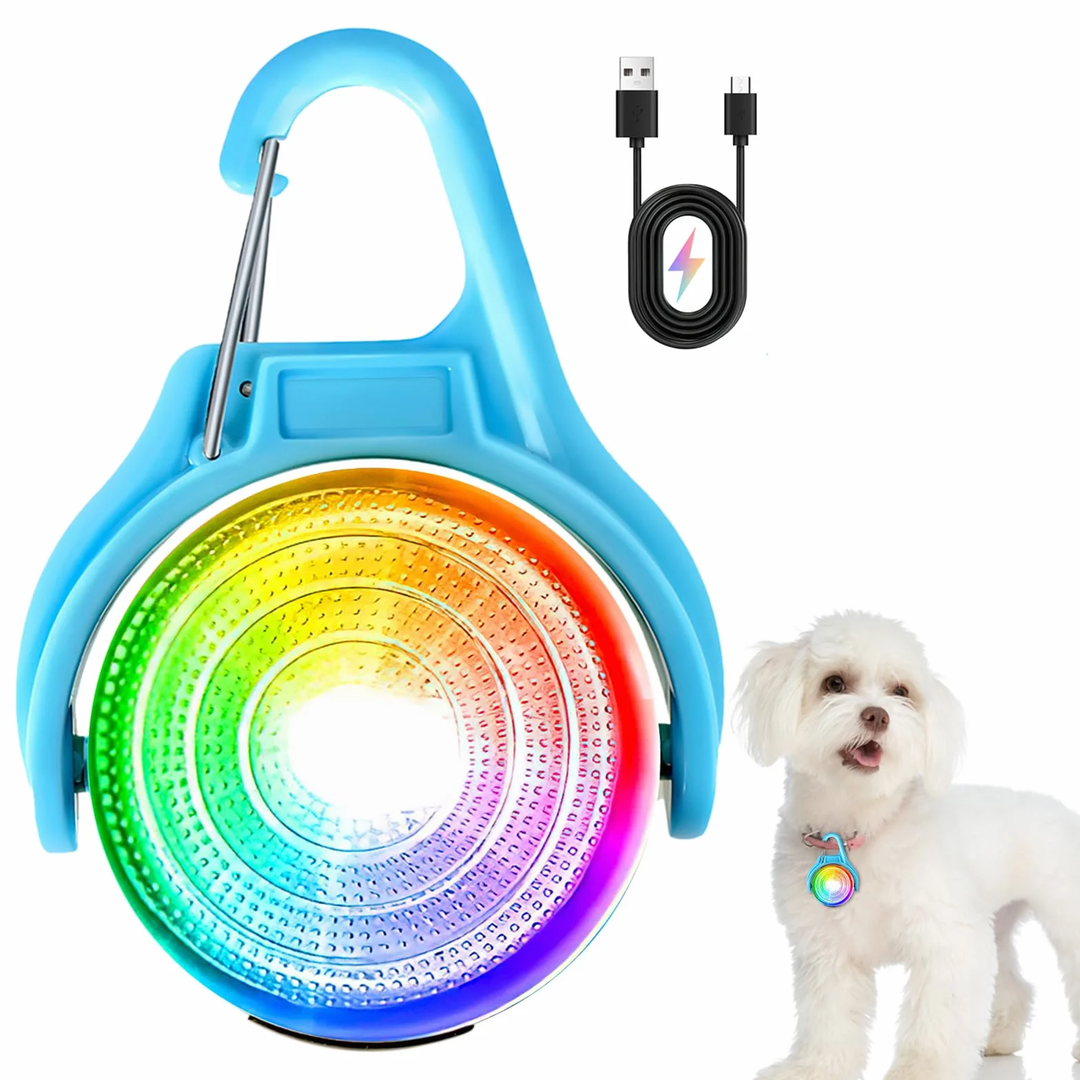 DAWRIS Świecąca zawieszka dla psa z możliwością ładowania (zmiana kolorów RGB i 4 tryby migania), światło dla psa LED, możliwość ponownego ładowania, światło migające LED, tornister, światło
