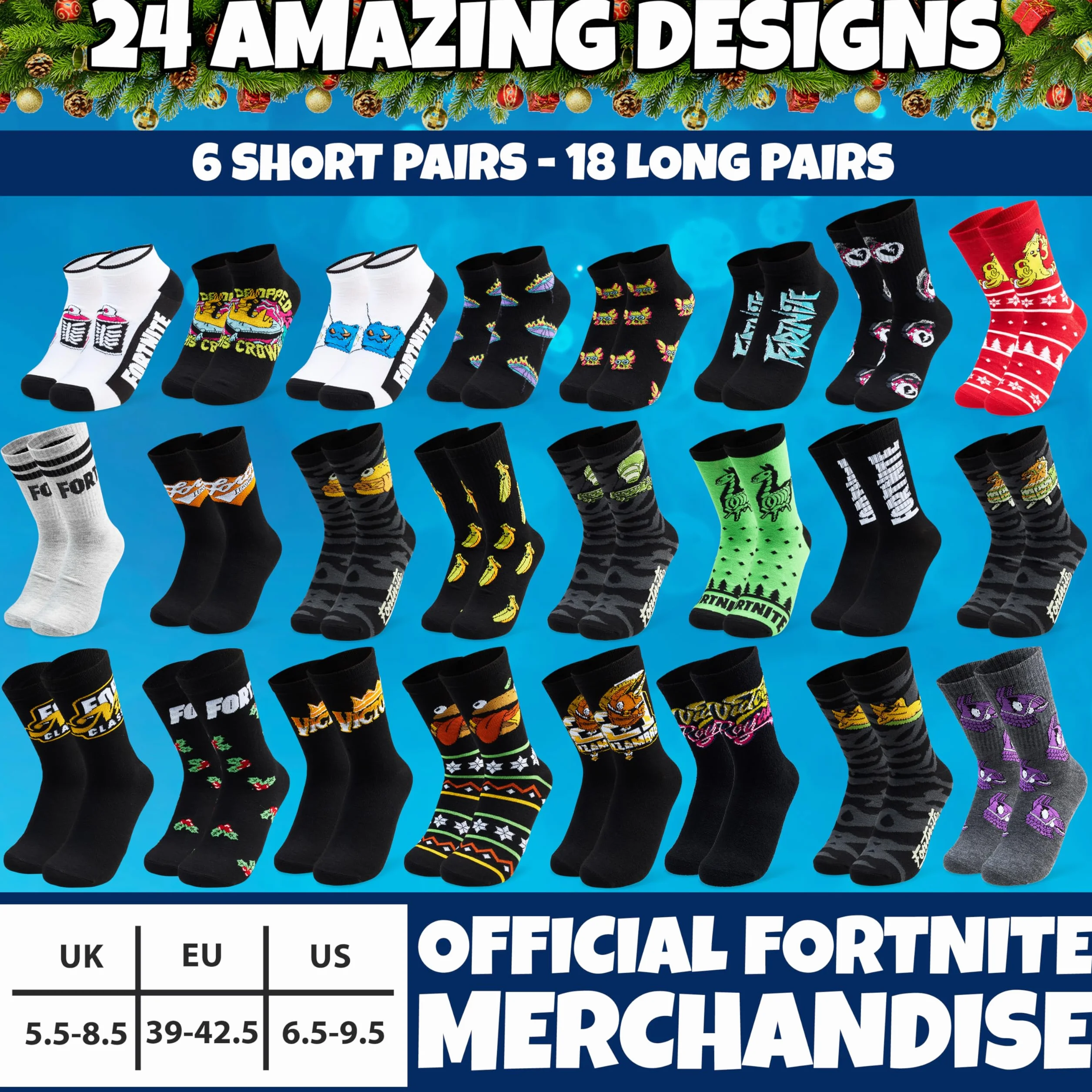 Get Trend Fortnite Skarpety Kalendarz adwentowy 2025 dla chłopców, nastolatków i mężczyzn, rozmiar 24-27 cm, 24 pary skarpet na co dzień i sport, odliczanie do Bożego Narodzenia, prezenty dla graczy