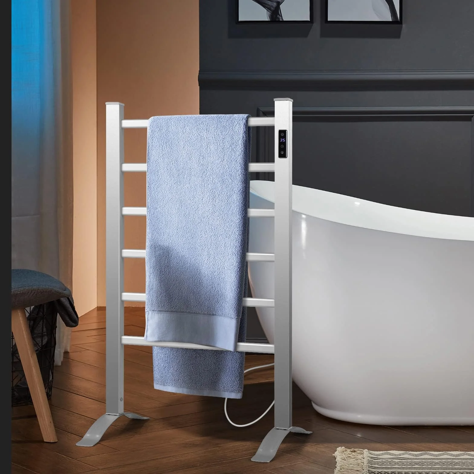 COSTWAY Podgrzewacz na ręczniki 100 W, wieszak na ręczniki, grzejnik aluminiowy, 10 min do 60°C, timer 8 h i ochrona przed przegrzaniem, z wyświetlaczem LED (54 cm x 35 cm x 91 cm)