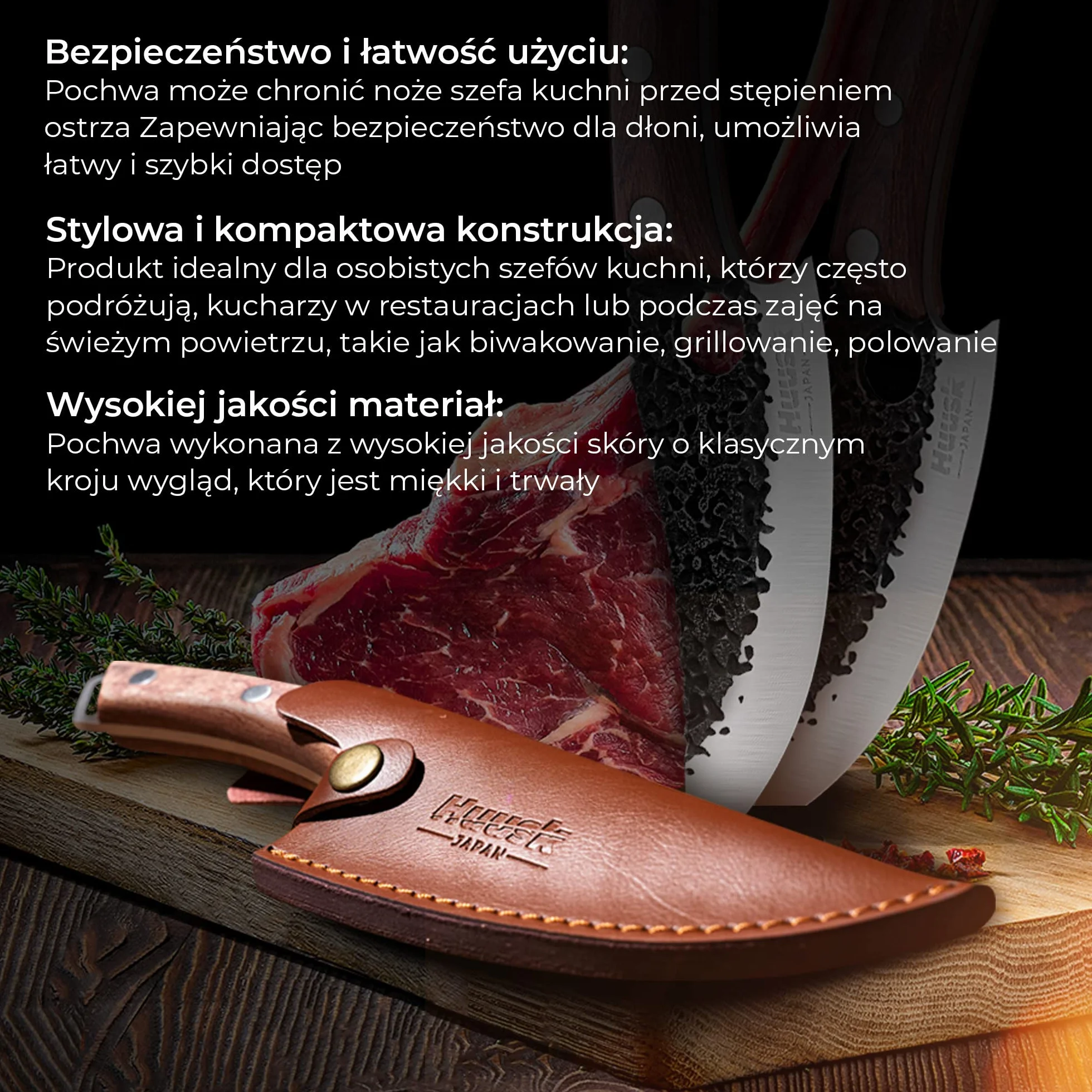 Skórzana Pochewka Premium na Oryginalny Japoński Nóż Szefa Kuchni Huusk, Uchwyt na Nóż Kuchenny