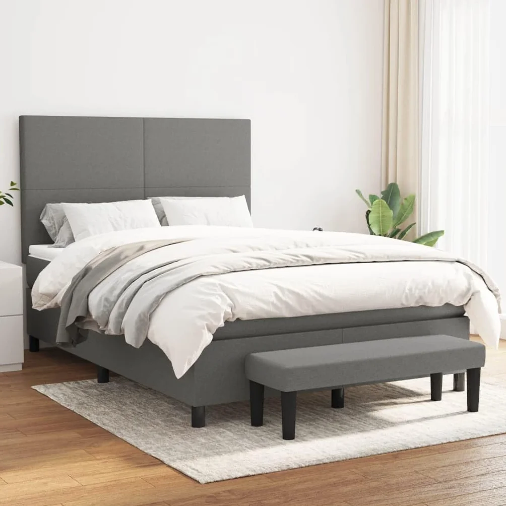 Sprężynowy z regulowanym zagłówkiem kontynentalne 140x190 cm szary | Łóżko kontynentalne z materacem kieszeniowym 140x190 cm ciemnoszara tkanina z zagłówkiem i ławką
