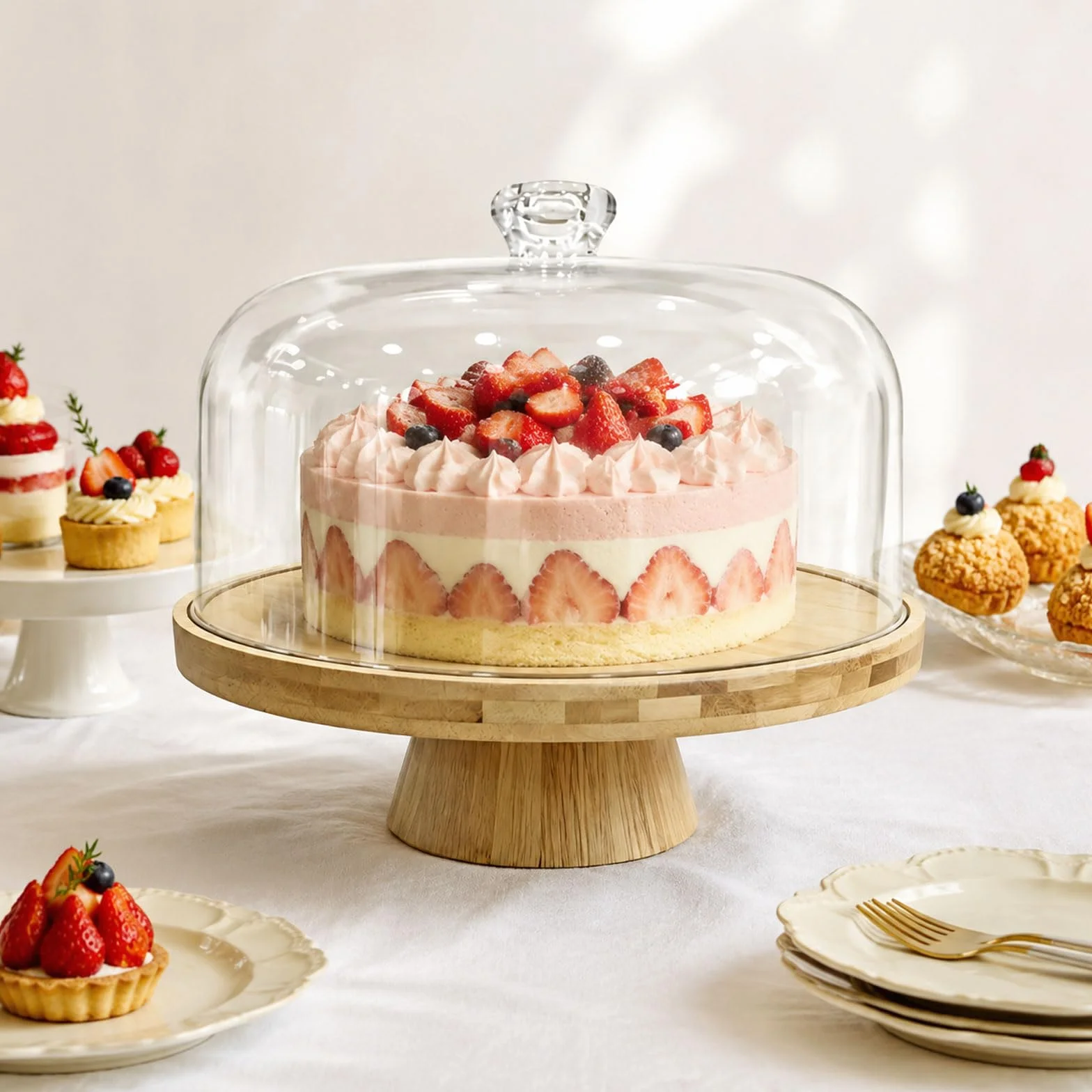 Patera na tort z pokrywką, drewniana patera na tort z pokrywką i nóżką, obracana patera do ciasta, patera na tort, do dekoracji ciast