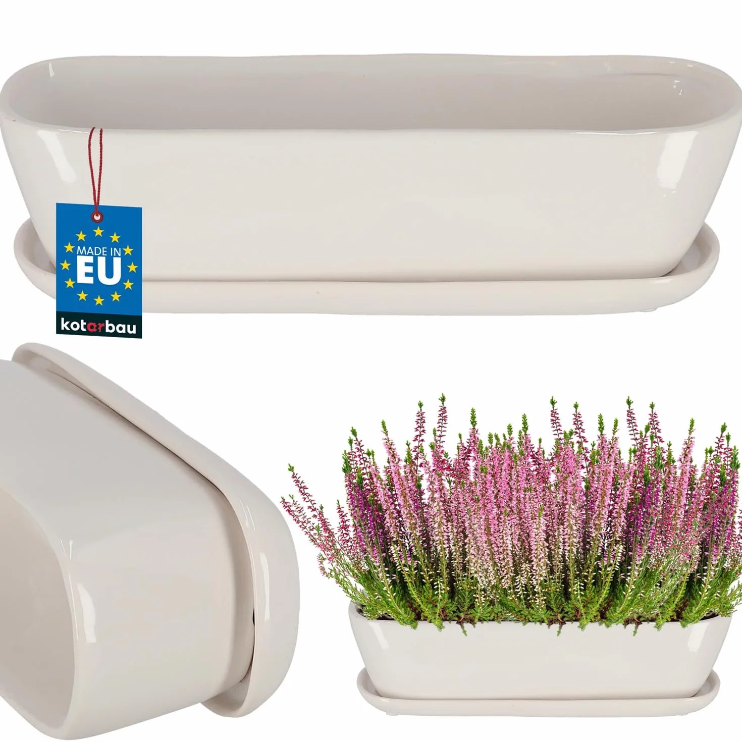 KOTARBAU® Doniczka Podłużna Rynnowa Ceramiczna Z Podstawką Biała 28 CM