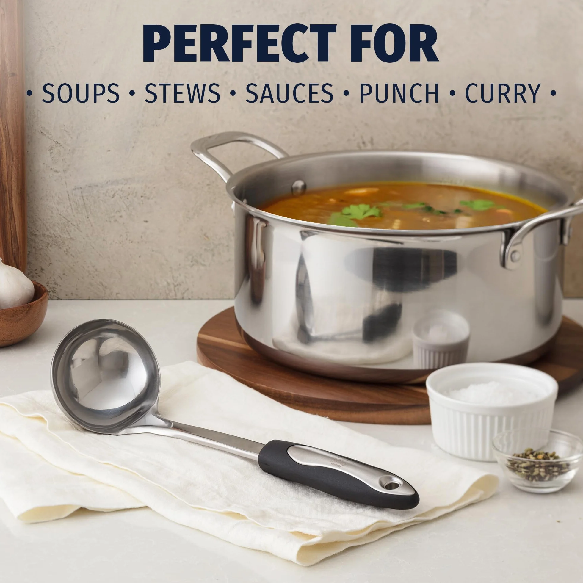 Zulay Kitchen Chochla do zupy ze stali nierdzewnej – idealna do serwowania gulaszu, chili i bulionu – 30 cm z silikonowym uchwytem