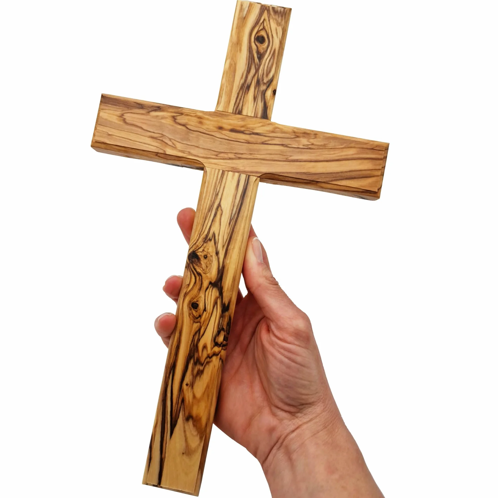 Lunexus Krzyż z drewna oliwkowego, 30 cm, ręcznie wykonany w Betlejem, błogosławiony certyfikatem święcenia, chrześcijański krzyż ścienny, prezent z okazji chrztu, komunii, bierzmowania, drewniany
