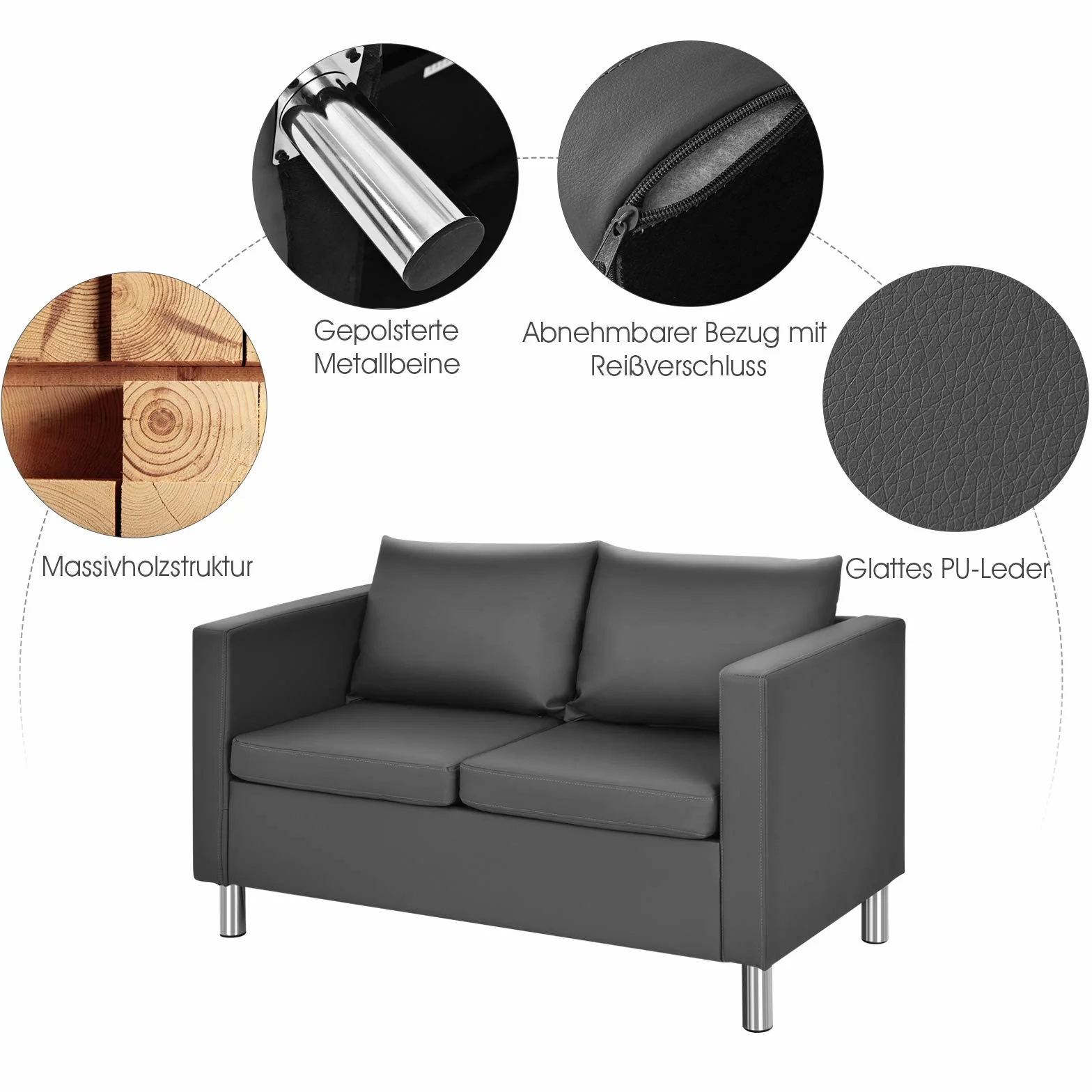 COSTWAY Sofa 2-osobowa z poduszkami, komplet sofy ze sztucznej skóry, idealny do domu i biura, szary