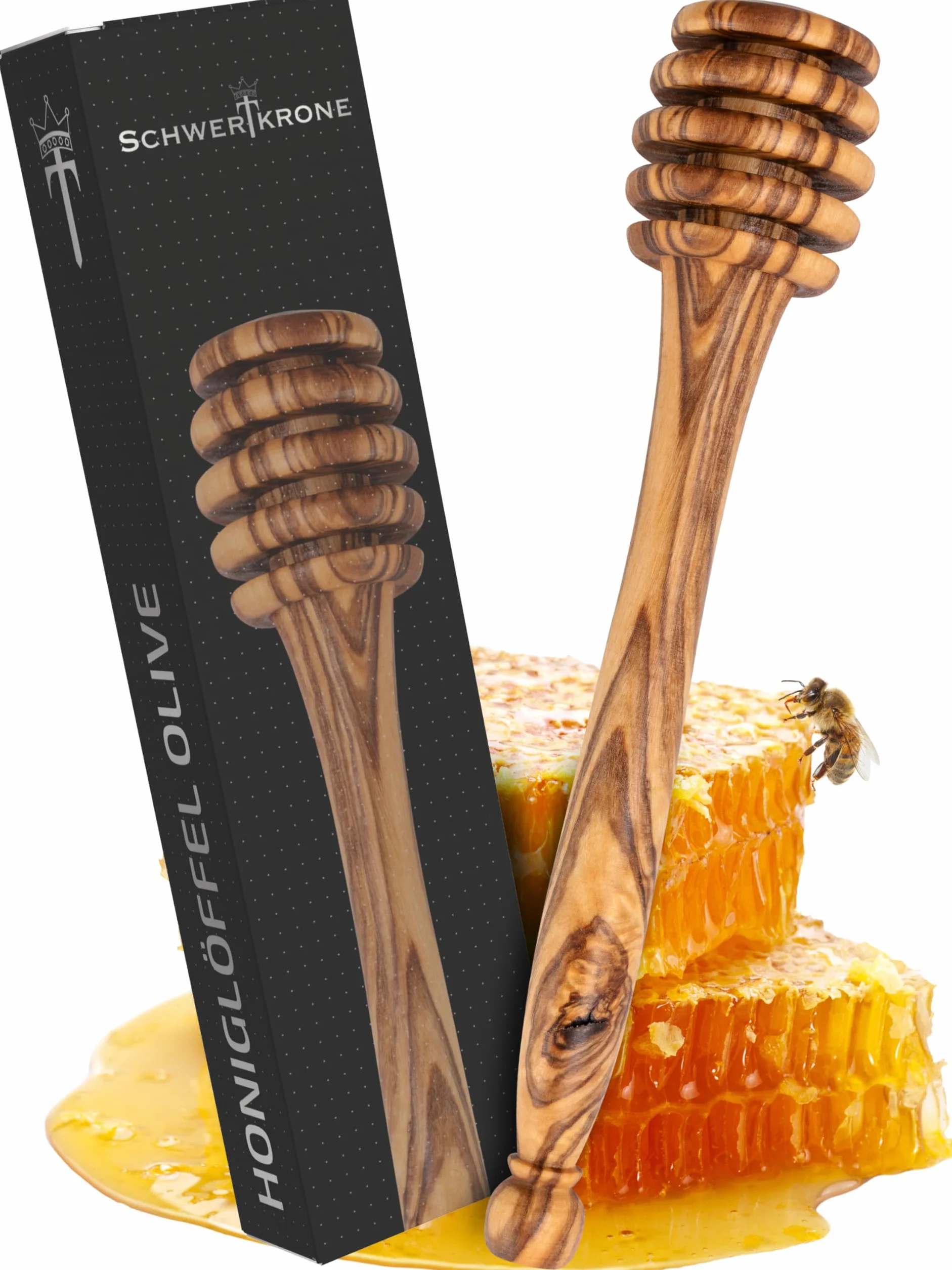 SCHWERTKRONE® Łyżka do miodu drewniana [drewno oliwkowe premium] – drewniana łyżka do miodu – miód lgel pomysł na prezent dla miłośników miodu – spirala miodu – łyżka do miodu – łyżka do miodu z