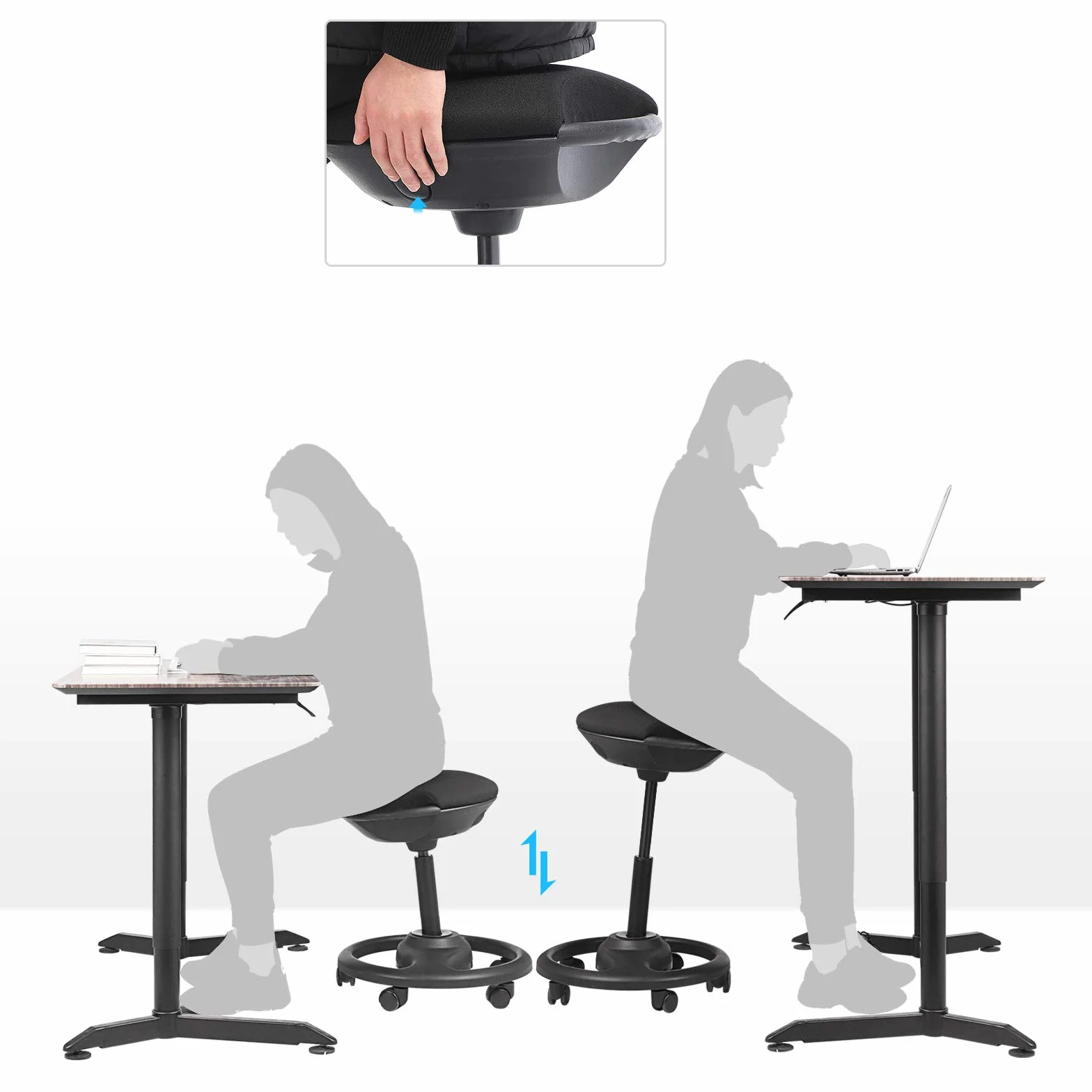 SONGMICS Dynamiczny stołek roboczy, ergonomiczne obrotowe krzesło biurowe z kółkami, bardzo duże siedzisko, nachylenie 10°, regulowana wysokość, grube wypełnienie, czarny OSC06BK