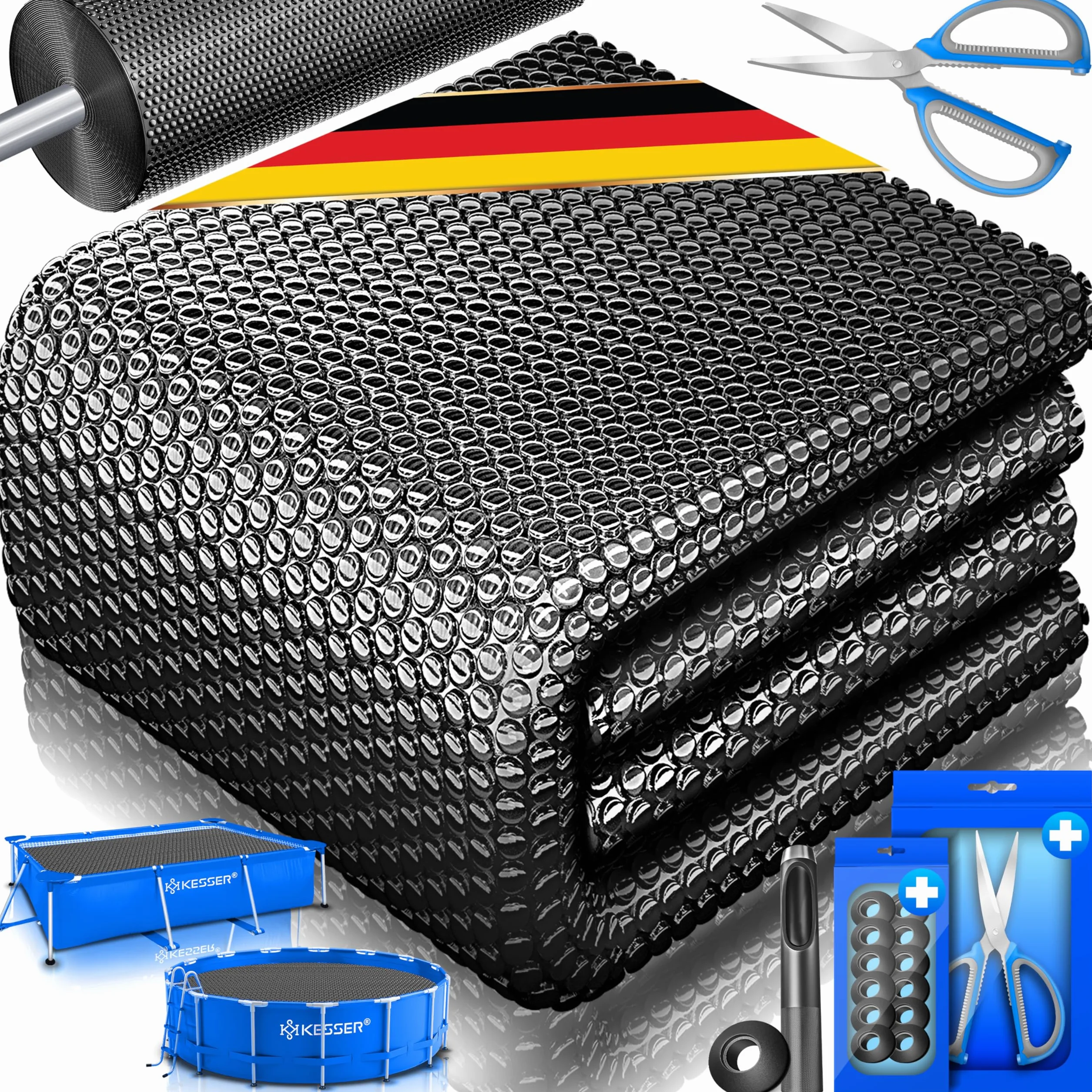 KESSER® Folia solarna do basenu 400 µm, okrągła plandeka solarna 488 cm, plandeka solarna z możliwością elastycznego przycięcia, plandeka basenowa do podgrzewania wody, osłona solarna z nożyczkami