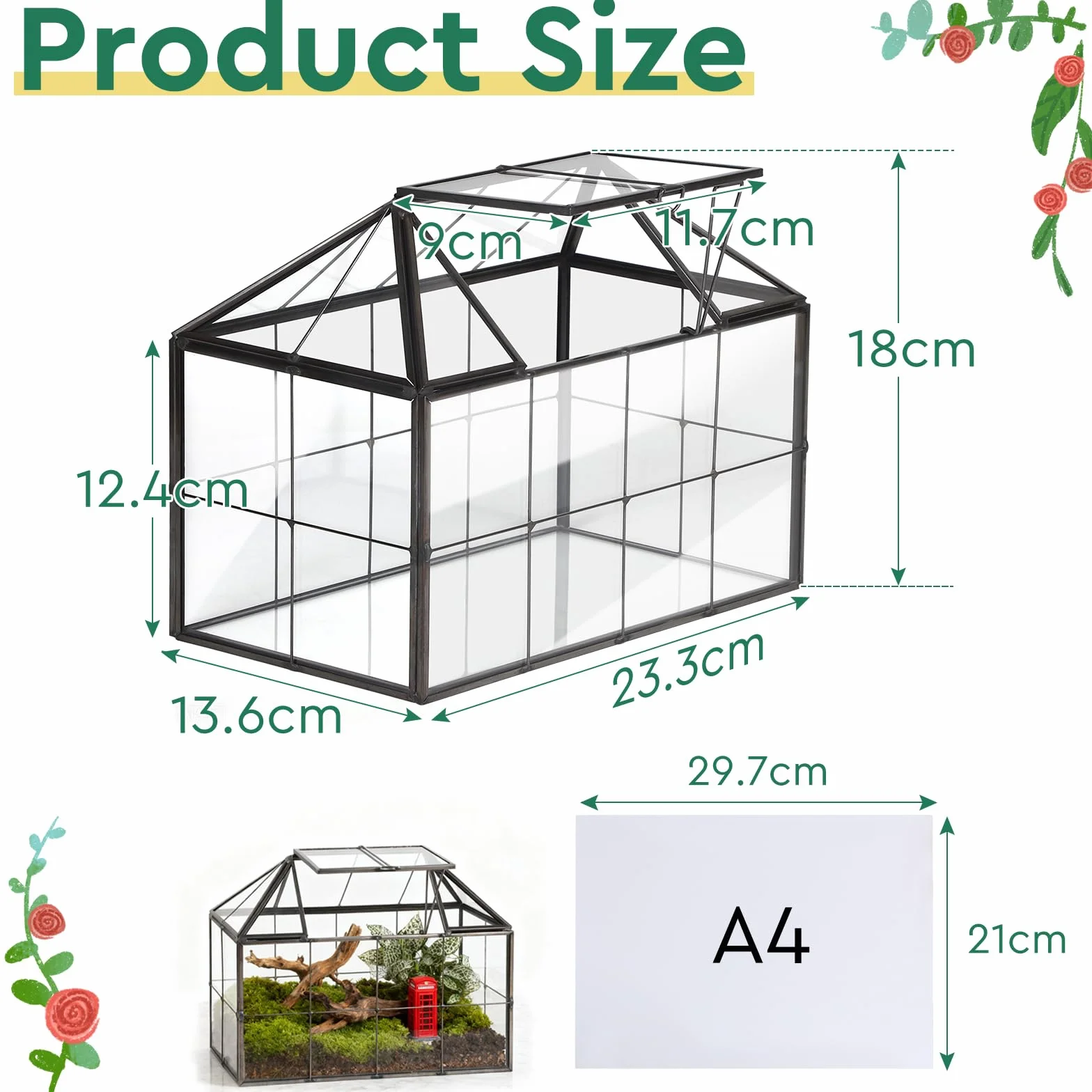 EFUTURETIME Mini szklarnia, parapet okienny, szklany 23,3 x 13,6 x 18 cm, do roślin, terrarium, mały ogród butelkowy, "zrób to sam" (nie zawiera roślin) na sukulenty, kaktusy