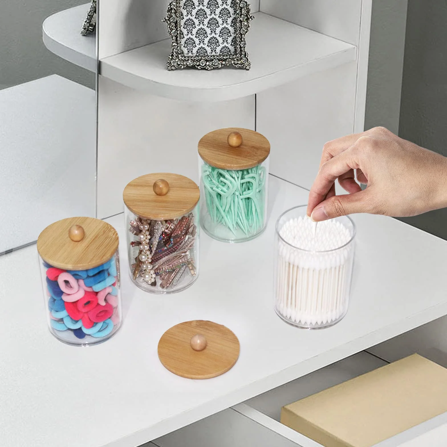 Tbestmax 4-pak uchwytów Qtip, 295 ml, organizer łazienkowy, pojemniki do przechowywania, przezroczyste plastikowe słoiki aptekarza z bambusowymi pokrywkami, do wacika, nici