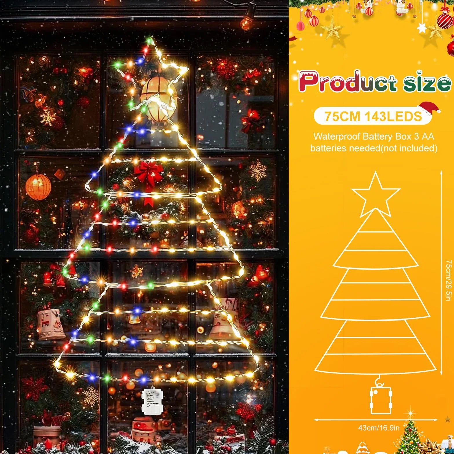 Duże oświetlenie choinki – 143 zasilane bateriami LED z timerem, 8 trybów pracy, wodoszczelność IP65, końcówka gwiazdy do dekoracji bożonarodzeniowej wewnątrz i na zewnątrz, na okno, drzwi