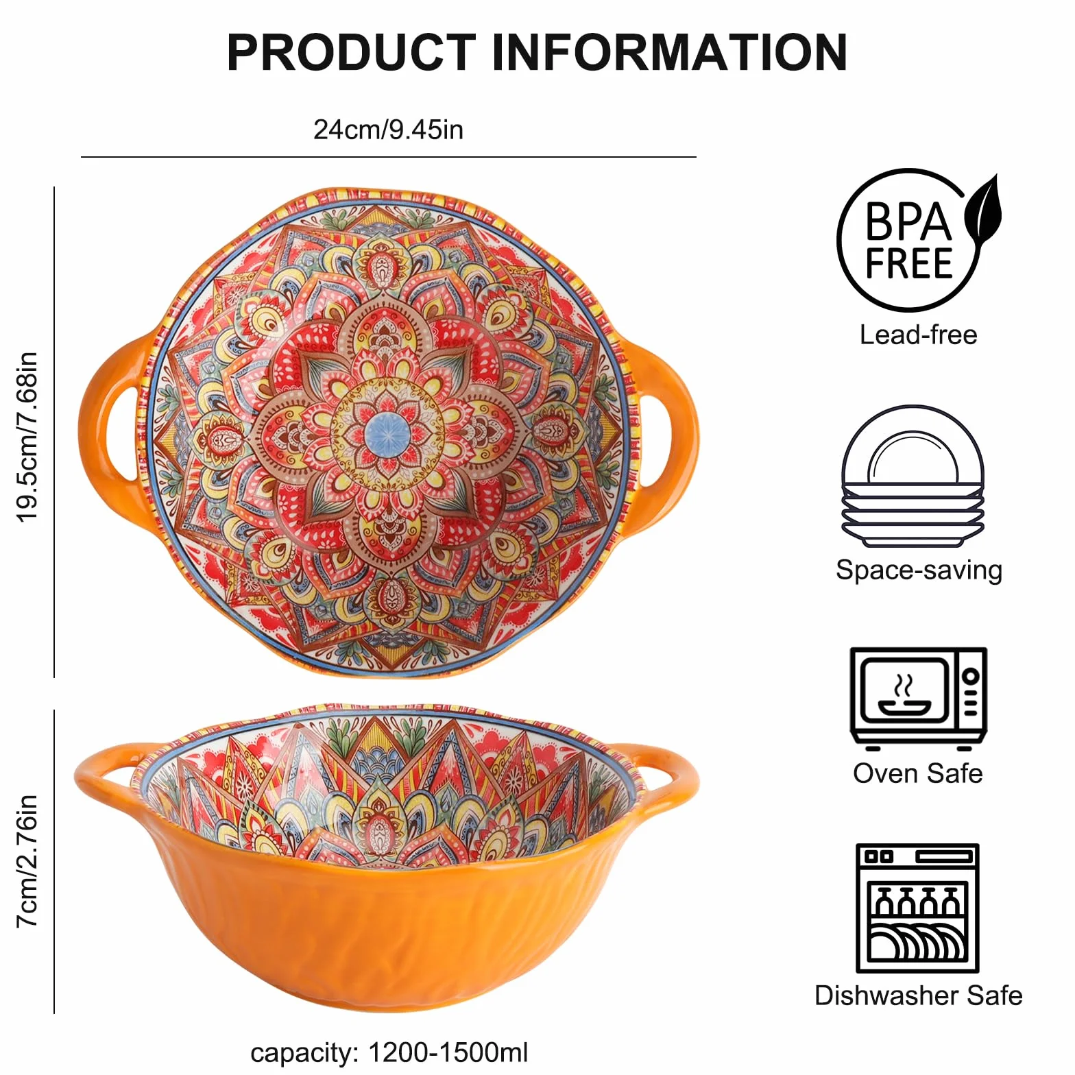 Misa z uchwytem do zupy, miseczki z uchwytem do zupy, duża salaterka, salaterka ceramiczna, duża miska do serwowania - Boho 1200-1500ml, 24x19,5x7cm - na Ramen, zupę, sałatkę