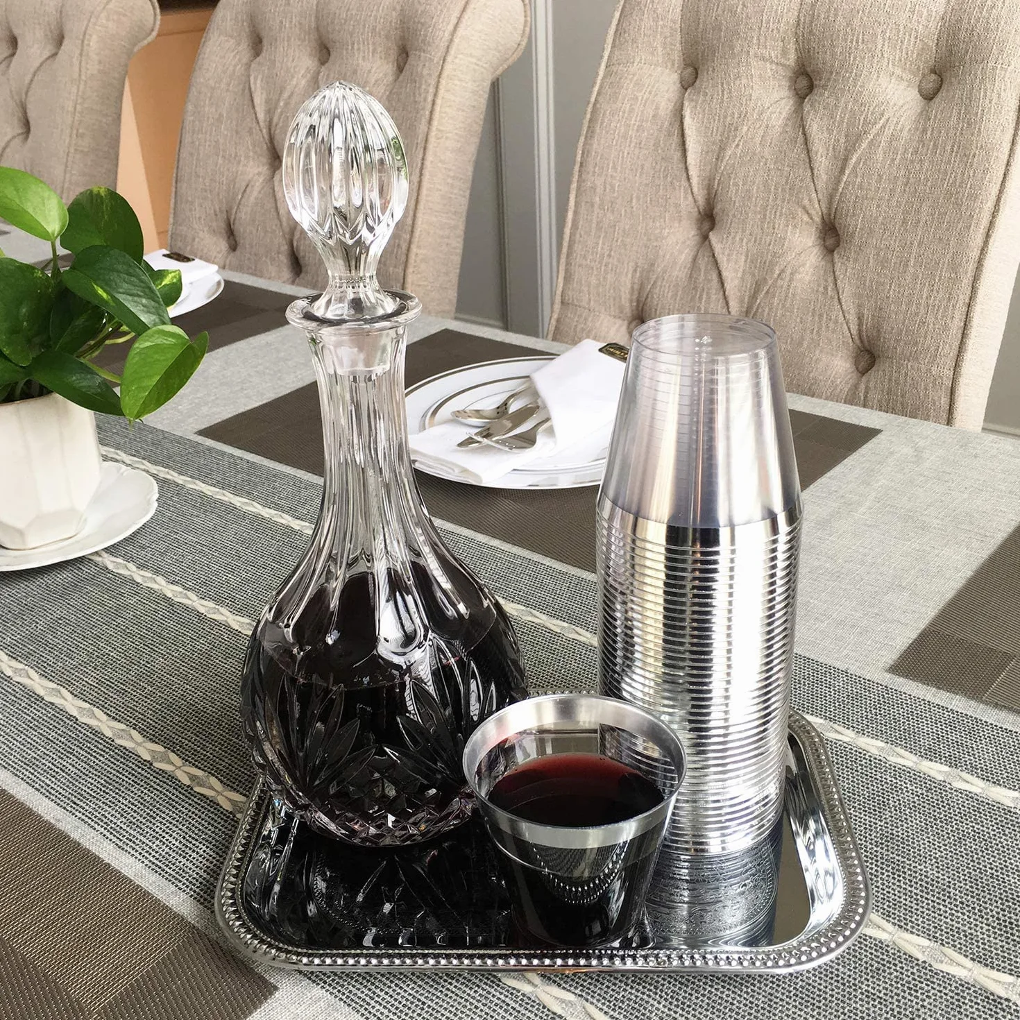 LATERN 60 szt. plastikowych kubków w srebrnych oprawkach, 270 ml, plastikowe kubki wielokrotnego użytku, eleganckie kieliszki do wina na imprezę, do szampana, piwa, koktajli, Martini, deseru sodowego