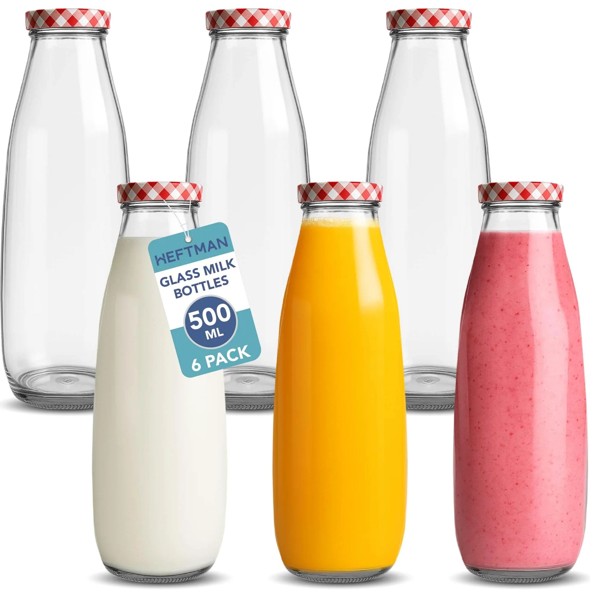 HEFTMAN Szklane butelki na mleko z pokrywkami, puste, 500 ml, zestaw 6 hermetycznych butelek na mleko z czerwonymi pokrywkami w kratkę do napojów, płynów i dekoracji, retro szklane butelki na soki na