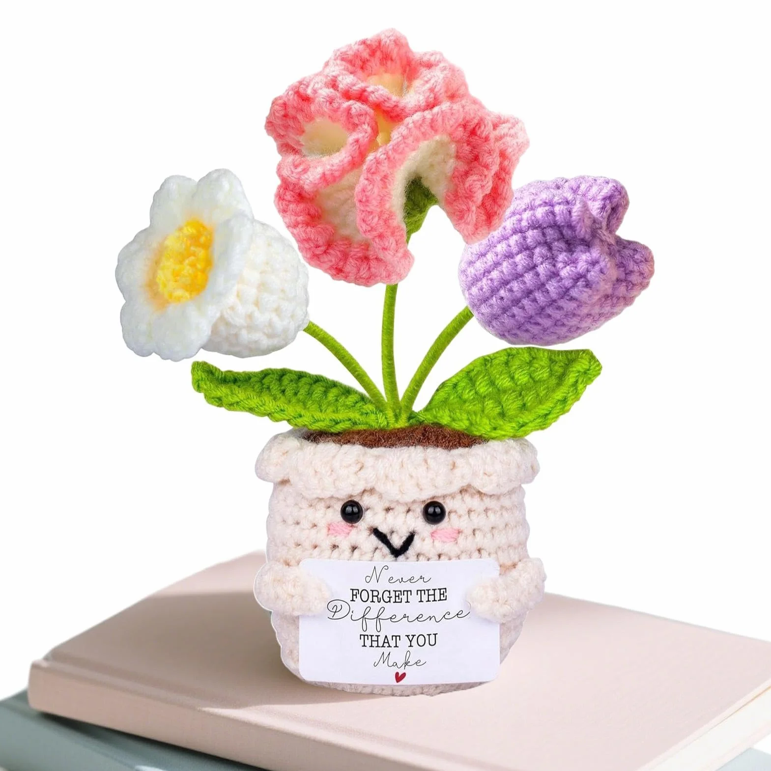 Crochet Bouquet - Handmade Teacher Appreciation for Desk Decor Card | Crochet Flower with Plant Arrangement, Handmade Gift for Women Men Students Coworkers Classroom Office Display