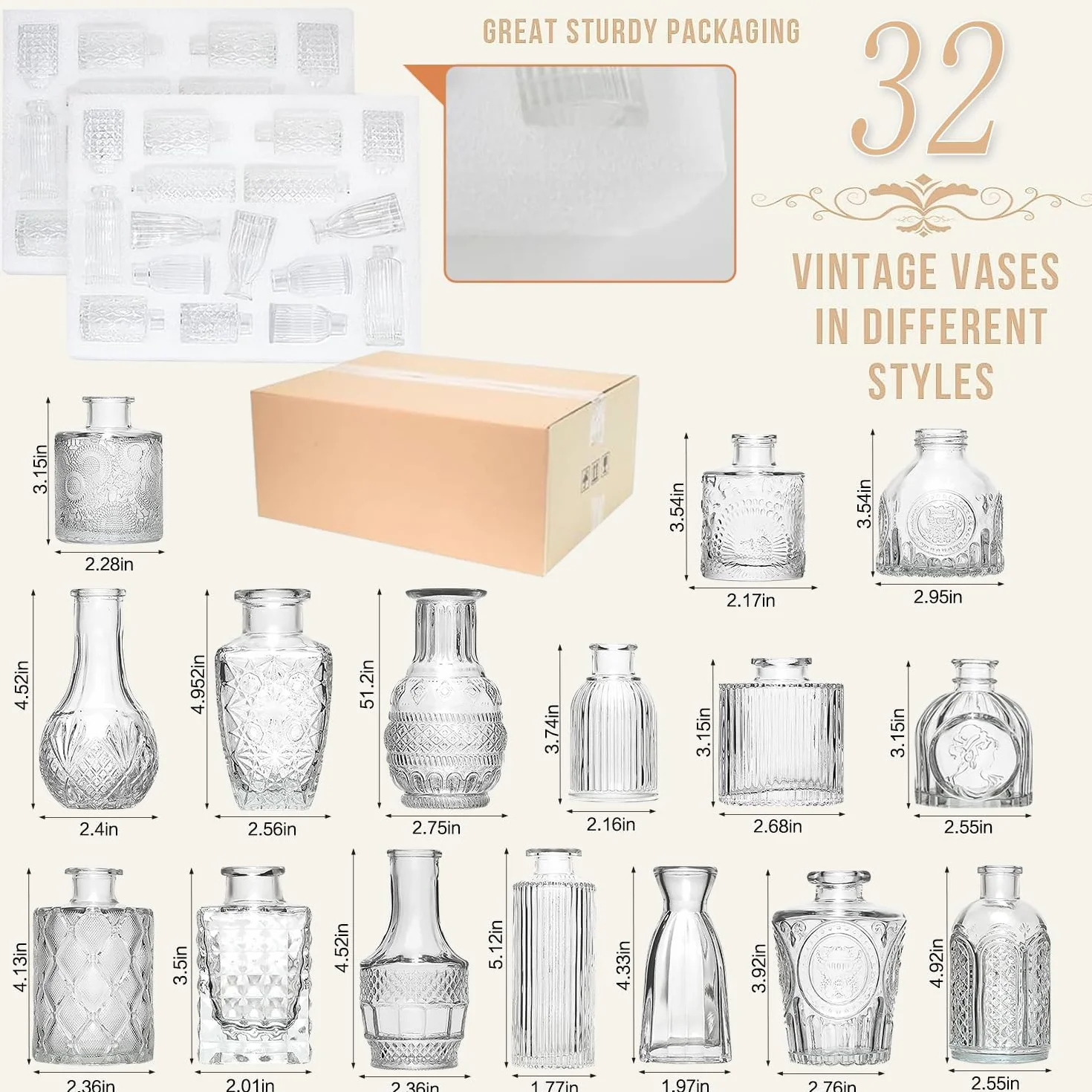 Zestaw 32 mini wazonów z pąkami na stół, przezroczyste wazony w stylu vintage, małe wazony na kwiaty, nadają się do dekoracji stołu, na urodziny, wesele, baby shower (32, przezroczysty)
